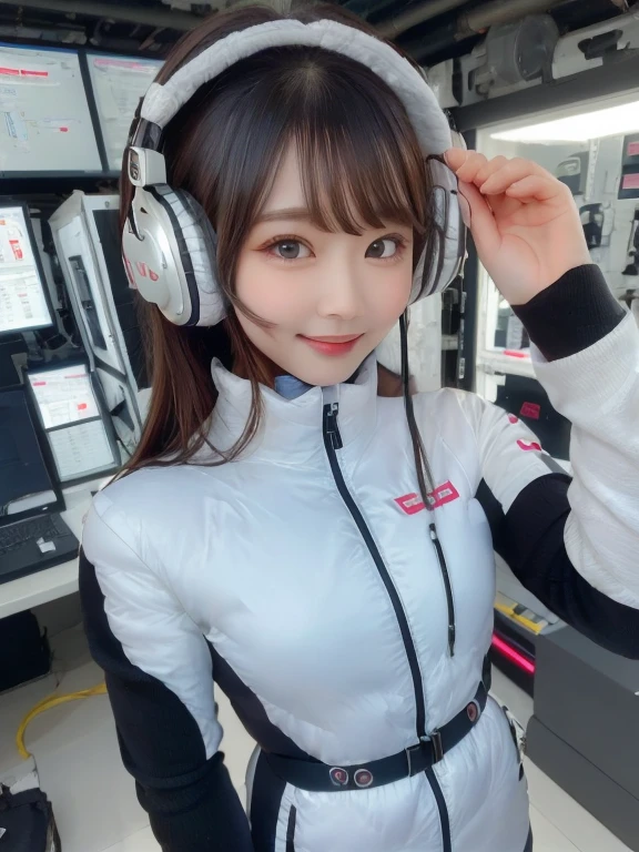 masterpiece, highest quality, Very detailed, 8K Portrait,Japanese Android Girl,plump , Control panel,Robotic arms and legs, Blunt bangs,,break (Metallic Gray, Metallic luster, Mirror finish, Astro Best):5,headphone:5,break (Black sleeves):100,Smart Watches,Futuristic space station,Control Room,break headphone,blue eyes,(Black Hair):2,(Long Hair):1.3,View the viewer,(respirator),break blush:3,Hidden Hand,smile