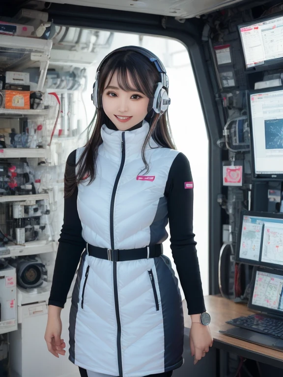 masterpiece, highest quality, Very detailed, 8K Portrait,Japanese Android Girl,plump , Control panel,Robotic arms and legs, Blunt bangs,,break (Metallic Gray, Metallic luster, Mirror finish, Astro Best):5,headphone:5,break (Black sleeves):100,Smart Watches,Futuristic space station,Control Room,break headphone,blue eyes,(Black Hair):2,(Long Hair):1.3,View the viewer,(respirator),break blush:3,Hidden Hand,smile