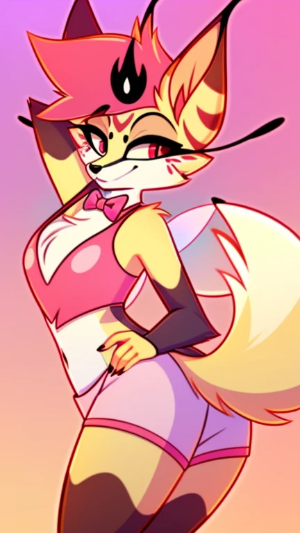 uploaded on e621, solo, queenbee, furry character, furry art, by Maxito, Coffeesoda, Hioshiru, Kilinah, detailed fur, detailed eyes, girl, female, fox, femenine body, queenbee, anthro, bowtie, cute pose, portrait, tranquil, solo, (body fur:1.2), (best quality), (simple bedroom background:1.2), (detailed fluffy fur:1.1), looking at viewer, tail, thumbs, nakedt , seductive look, half-closed eyes, (two-tone fur), nakedt, ass focus, ass, from behind, nakedt,shorts amarillo y rosa,pregant:1.8,