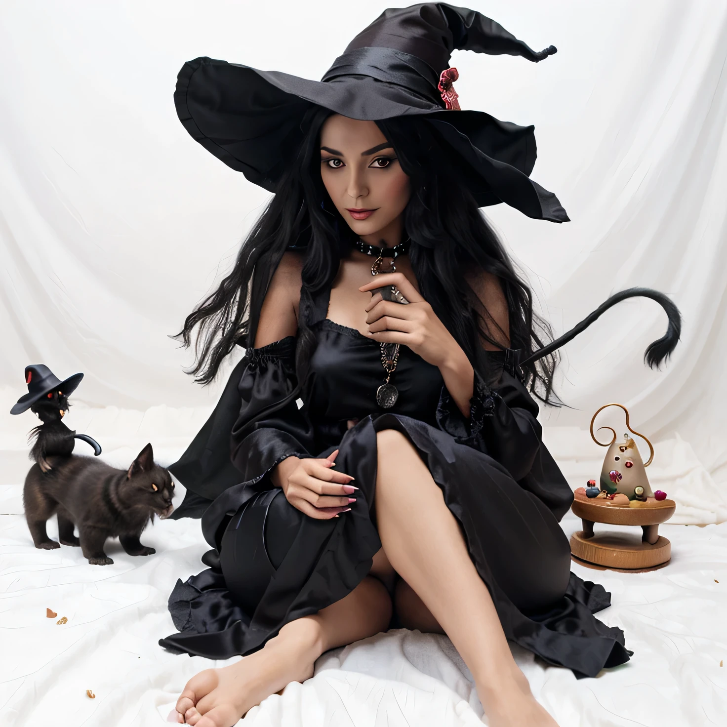 A gypsy witch in a black silk tunic and witch hat, sitting on a toadstool smoking a hookah with her black cat and hell hound puppy laying on her lap
