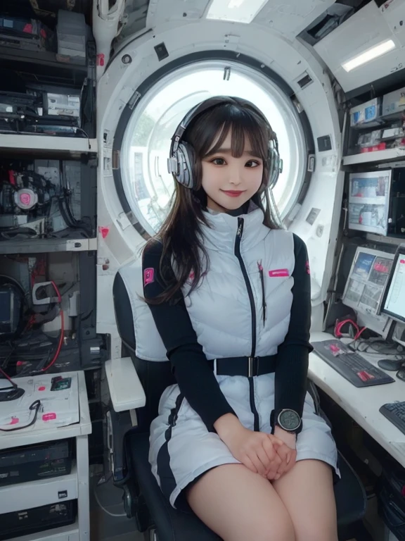 masterpiece, highest quality, Very detailed, 8K Portrait,Japanese Android Girl,plump , Control panel,Robotic arms and legs, Blunt bangs,,break (Metallic Gray, Metallic luster, Mirror finish, Astro Best):5,headphone:5,break (Black sleeves):100,Smart Watches,Futuristic space station,Control Room,break headphone,blue eyes,(Black Hair):2,(Long Hair):1.3,View the viewer,(respirator),break blush:3,Hidden Hand,smile