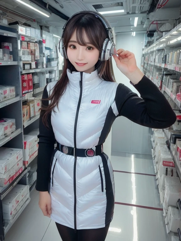masterpiece, highest quality, Very detailed, 8K Portrait,Japanese Android Girl,plump , Control panel,Robotic arms and legs, Blunt bangs,,break (Metallic Gray, Metallic luster, Mirror finish, Astro Best):5,headphone:5,break (Black sleeves):100,Smart Watches,Futuristic space station,Control Room,break headphone,blue eyes,(Black Hair):2,(Long Hair):1.3,View the viewer,(respirator),break blush:3,Hidden Hand,smile
