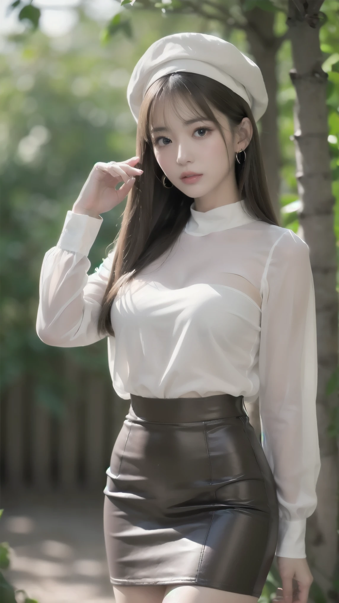 (Best Quality, masutepiece, Ultra HD: 1.3), 1girl in, middlebreasts, light brown hair, Blunt bangs, hair behind ear, hair over shoulder, Long hair, slender body shape, Ultra Fine Face, Delicate lips, Beautiful eyes, thin blush, eyes are light brown, perfect glossy skin, flawless skin, Glistening sweat, View here, Ultra-thin hands, Ultra-fine fingers, best ratio four finger and one thumb, (realisitic:1.3), Finger Extensions, See-through white blouse, White see-through tight skirt, Supermodel legs, Low Heels. White beret, Eye-Level Shot, bustshot, 8K,Broad-leaved forest
