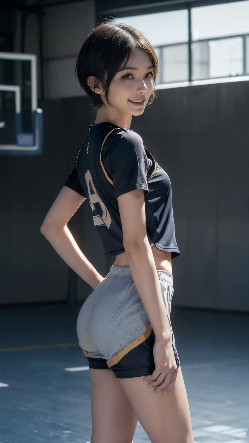 (Clothing:2.0, Basketball Uniform:2.0, Shorts:2.0), (Indoor basketball court:1.5), (Wet:1.5), ((A grin:1.2, short hair:1.2, slender:1.5, Small Ass:1.5)), ((Japanese, 1 Girl, 18-year-old, 7 heads, Ideal body proportions, Black Hair, With bangs, Small breasts, Erect nipples, slender, Small Ass, Beautiful feet, Skinny Legs)), Surrealism, Cinematic Lighting, Depth of written boundary, First Person View, Boobs F/1.8, 135mm, Ticker, Mastepiece, Curate, ((Anatomically correct:1.3)), Textured skin, Super Detail, High detail, High quality, Awards, Best Quality, High resolution, 8K