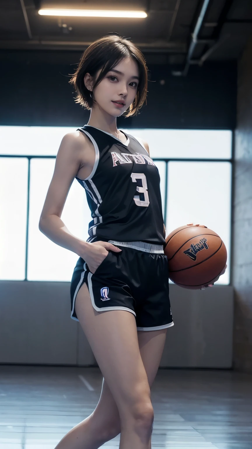 ((face the front of the camera:2.0)), (Clothing:2.0, Basketball Uniform:2.0, Shorts:2.0), (Indoor basketball court:1.5), (Wet:1.5), ((A grin:1.2, short hair:1.2, slender:1.5, Small Ass:1.5)), ((Japanese, 1 Girl, 18-year-old, 7 heads, Ideal body proportions, Black Hair, With bangs, Small breasts, Erect nipples, slender, Small Ass, Beautiful feet, Skinny Legs)), Surrealism, Cinematic Lighting, Depth of written boundary, First Person View, Boobs F/1.8, 135mm, Ticker, Mastepiece, Curate, ((Anatomically correct:1.3)), Textured skin, Super Detail, High detail, High quality, Awards, Best Quality, High resolution, 8K