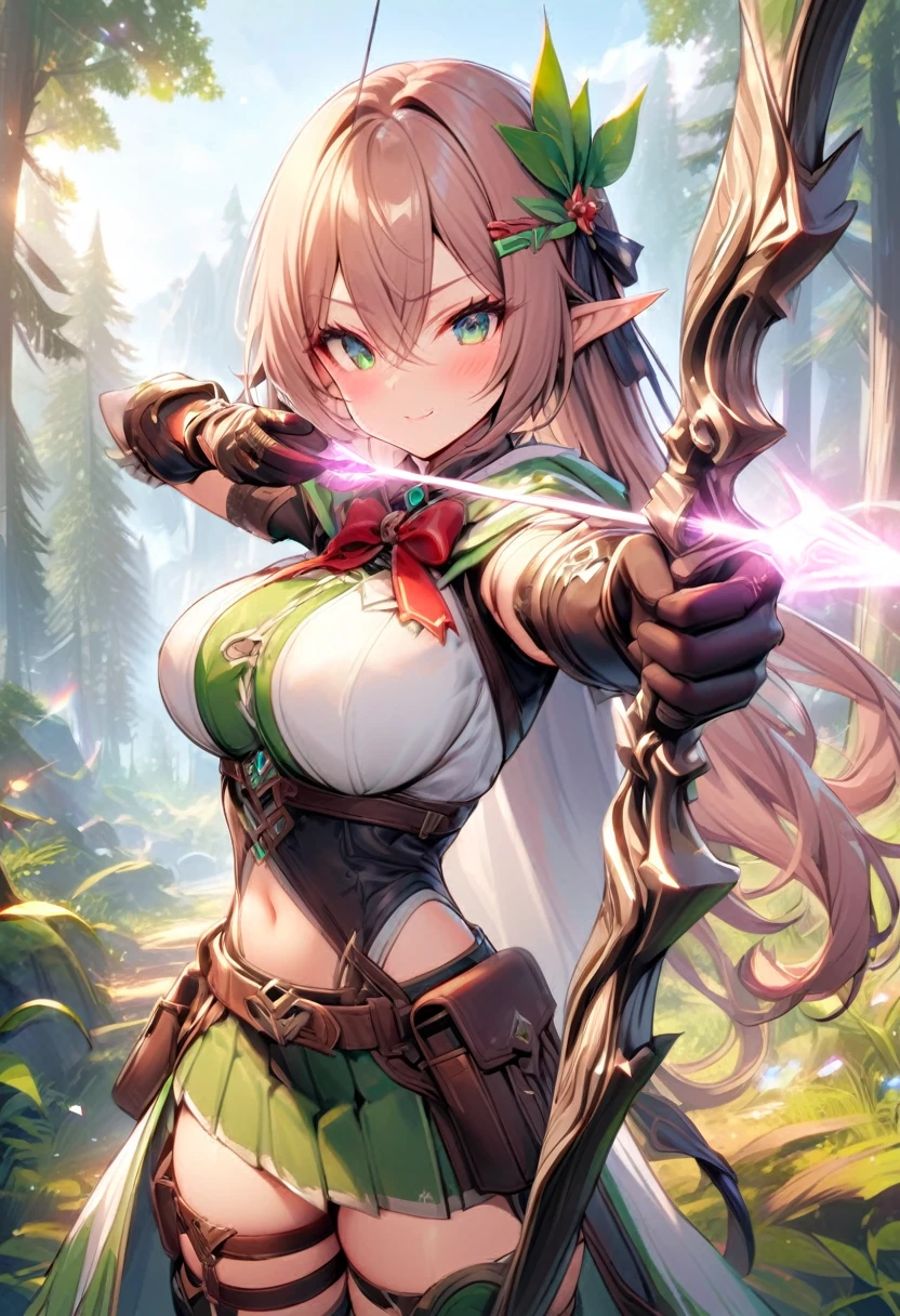 masterpiece,best quality,1girl, solo, pointy-ears, ((brown-hair)), green-eyes, gloves, boots, twintails, skirt, elbow-gloves, hair-ornament, navel, looking-at-viewer, cape, smile, elf, ribbon, hair-ribbon, knee-boots, belt, hairclip, ((green-skirt)), black-gloves, forest, midriff, thigh-strap, hair-between-eyes, standing, black-footwear, pouch, long-hair, nature, red-ribbon, ((big boobs) 1:1), Aiming a Bow