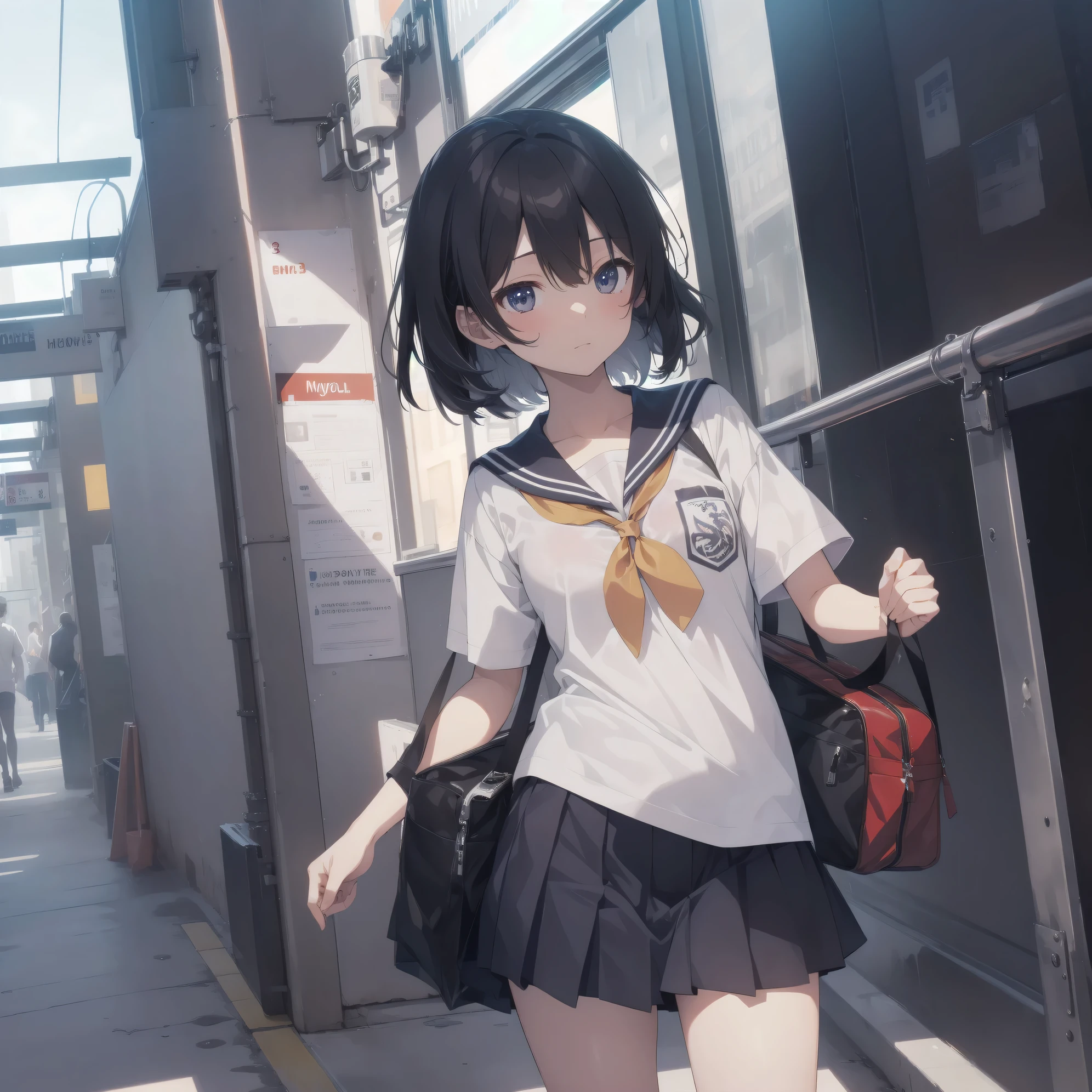 ultra-absurdres-Top quality by artist God, ultra-detailed, high resolution, anime moe artstyle, best anime 8k konachan wallpaper, pixiv contest winner, pool:2810, perfect anatomy,break, 1girl, (Please draw a girl walking sleepily to school alone. )break,(Solo,little female, 13-year-old:1.3),Full limbs, complete fingers,a junior high school student, (very short hair), short cut, flat chest, , small butt, small black eyes, beautiful detailed eyes, well-proportioned iris and pupils, expressive eyes, highres detailed hair, soft expression, salor school_uniform, sailor collar, serahuku, bow, pleated skirt,(Detailed Lighting), (Detailed background), in the School commute route. break,super detailed skin, Best cinematic lighting powered by famous artist, 8k,beauty illustration,photoshop_(medium),very aesthetic,break,((artist:nyantcha )), artist:clamp ,artist:carnelian ,artist:kantoku ,