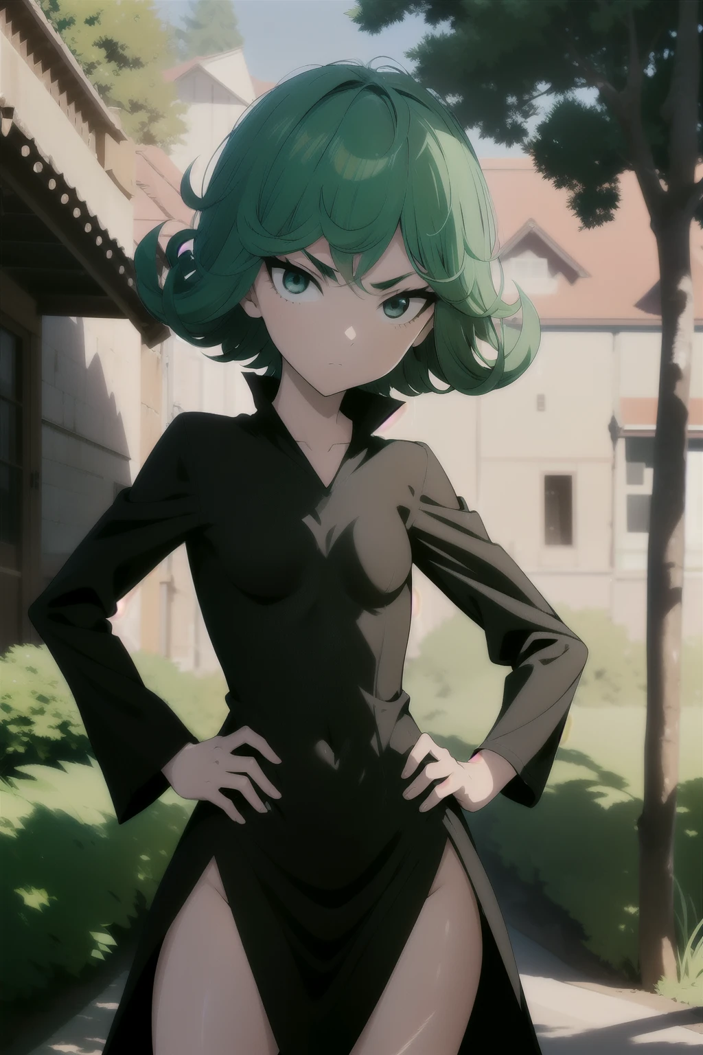 absurdres, highres, ultra detailed, tatsumakitornado, short green hair,(li body) curly hair, black dress, long sleeves, cowboy shot, tree, hand on own hip, looking at viewer