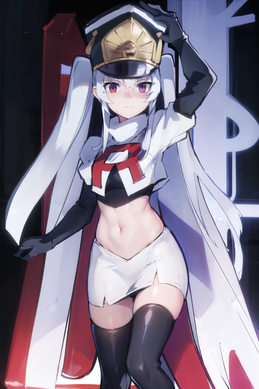 1girl, solo, altair, team rocket,team rocket uniform,white skirt,red letter R,crop top,black thigh-highs,black elbow gloves,