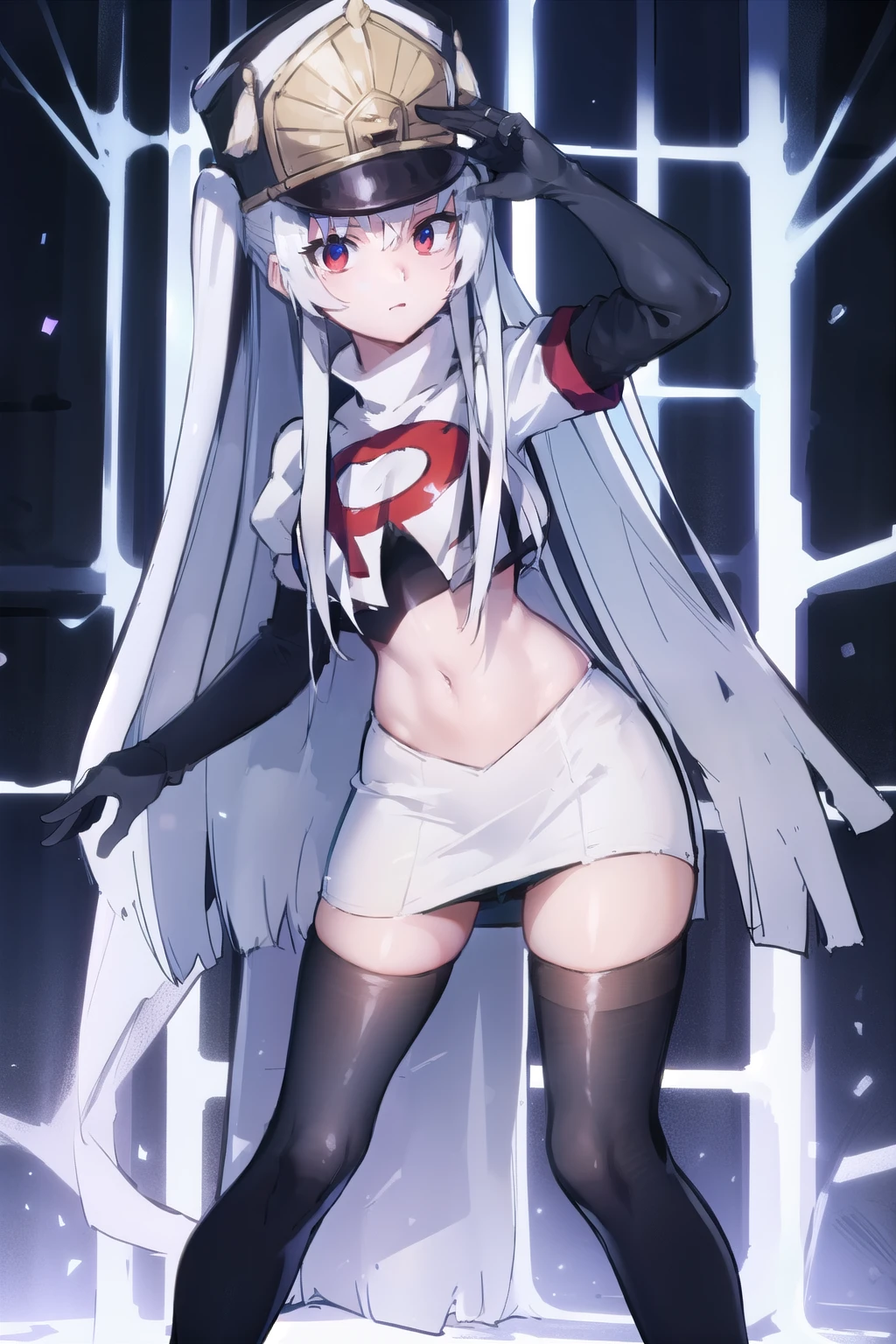 1girl, solo, altair, team rocket,team rocket uniform,white skirt,red letter R,crop top,black thigh-highs,black elbow gloves,