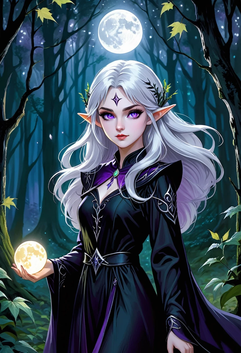 "A young moon elf, with pale skin, silver hair and purple eyes, is portrayed in the moonlight in a magical forest, wearing black magic. Her supernatural beauty and mysterious aura mix with the dark energy of the magic she conjures up. Her silver hair shines in the moonlight, while her purple eyes radiate power. Wearing black robes and sinister adornments, she channels black magic with a concentrated and determined expression. The surrounding forest seems to react to its magic, with dancing shadows and leaves flickering. The scene is full of tension and mystery, capturing the duality of the young elf of the moon."