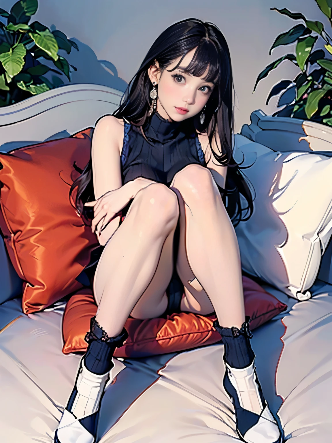 ((((highest quality))))、(((Ultra-precision CG16K wallpaper)))、(((masterpiece)))、(((Super detailed)))、(((Extreme detail)))、((１Mature 29 year old woman:1.6))、((Very beautiful Japanese faces))、((vegetable々Introduction:1.5))、((Straight semi-long hair、blunt bangs:1.5))、(Shiny brown hair)、Beautiful delicate eyes、Brown Eyes、eyeliner、Eyeshadow、High nose、Small nostrils、Small Mouth、Seductive lips、Beautiful breasts、((C cup size breasts))、Beautiful feet、eight-headed body、Perfect proportions、Perfect Anatomy、Perfect composition、Beautiful detailed shading、Beautiful, natural lighting、Beautiful detail glow、Depth of written boundary、(((High chroma)))、(((Real:1.9)))、((vivid:1.5))、((Beautiful Skin))、((Skin Texture))、((Realな皮膚感))、(((Full Shot:1.6)))、((front view、shoot from front、Front low angle:1.6))、(((Surprised face with mouth open:1.5)))、((The woman is looking at this、looking at viewer、Facing forward:1.6))、Bright daylight、Natural light、(((living、Foliage plant:1.4)))、(Open-legged sitting pose:1.6)、(((Navy blue high neck sleeveless lace ribbed knit leotard:1.6)))、((Wearing earrings:1.3))、((Knee socks clothing:1.6))、(((A woman sits on a cushion with her knees bent and her legs spread apart:1.8)))、