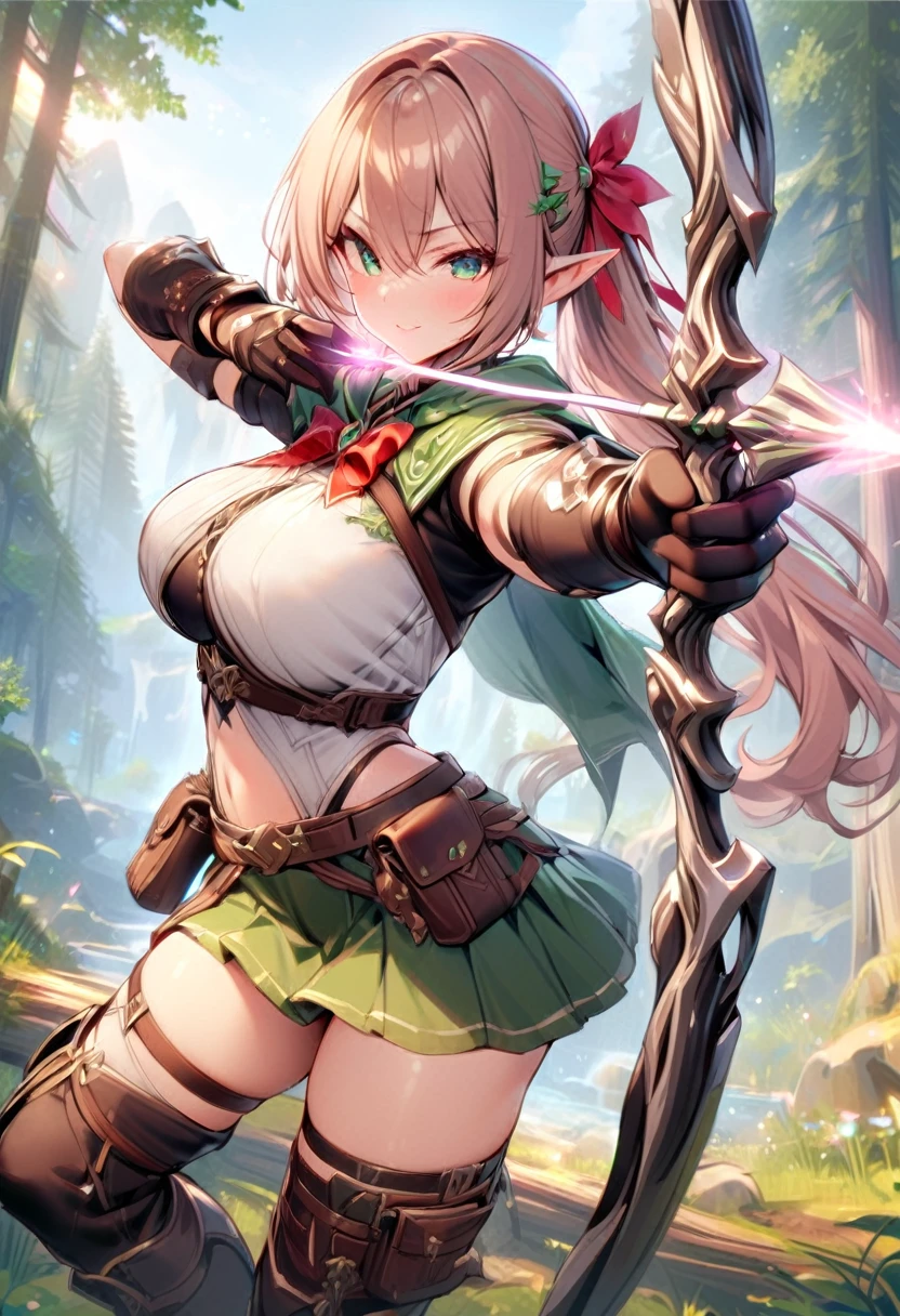 masterpiece,best quality,1girl, solo, pointy-ears, ((brown-hair)), green-eyes, gloves, boots, twintails, skirt, elbow-gloves, hair-ornament, navel, looking-at-viewer, cape, smile, elf, ribbon, hair-ribbon, knee-boots, belt, hairclip, ((green-skirt)), black-gloves, forest, midriff, thigh-strap, hair-between-eyes, standing, black-footwear, pouch, long-hair, nature, red-ribbon, ((big boobs) 1:1), Aiming a Bow
