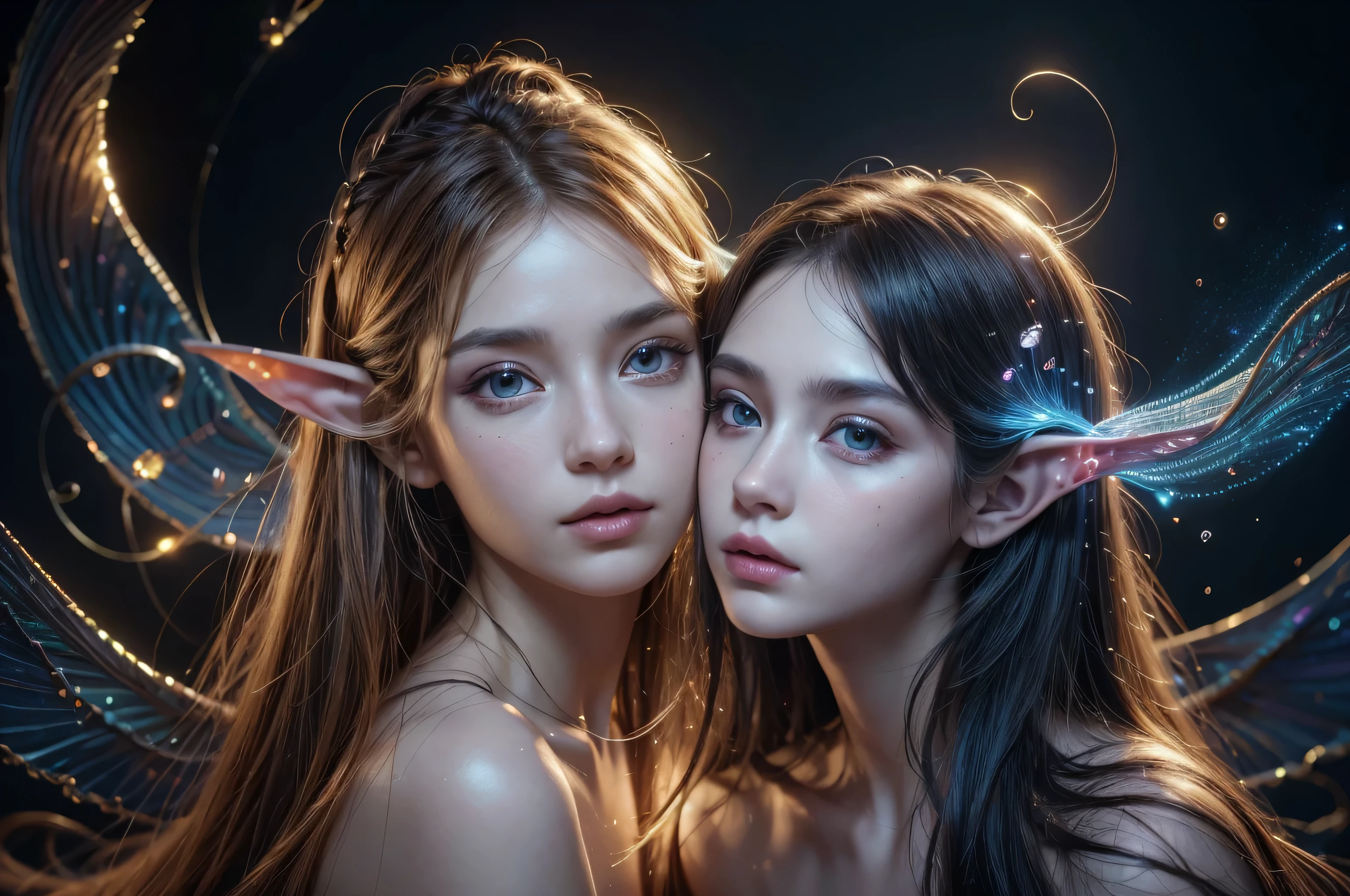 (Best quality, 4k, High-resolution, Masterpiece:1.2), Ultra-detailed, Realistic, Radiant lighting, Epoch Elves, Portraits, Fantastical colors, Fine art, Ethereal beings, Dreamlike, Whimsical creatures, Detailed facial features, Glowing eyes, Elven beauties, Ethereal glow, Mythical creatures, Harmonious composition, Dazzling colors, Stunning visual effects, Otherworldly appearance, Mesmerizing artistry, facing the camera, looking straight at the camera,