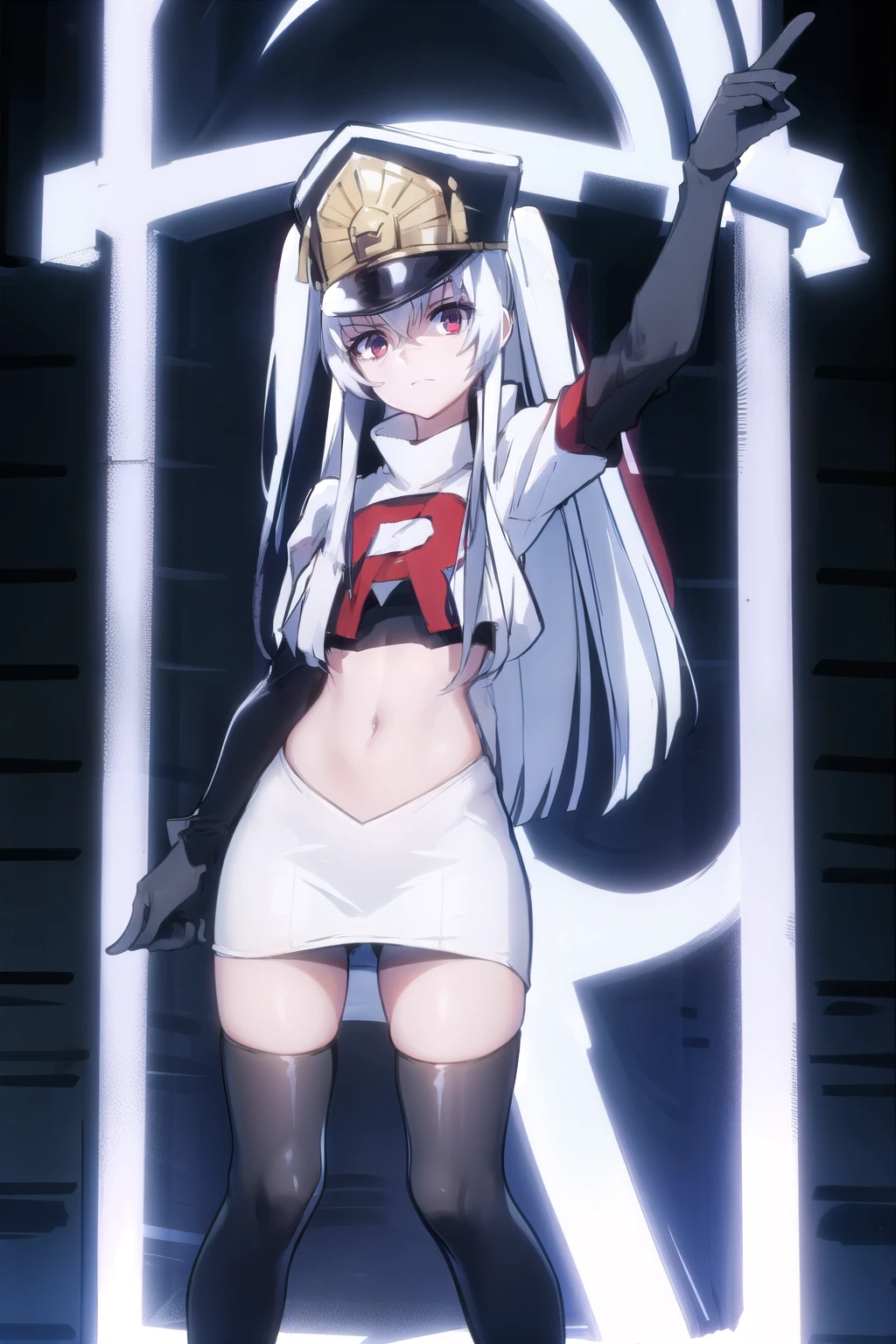 1girl, solo, altair, team rocket,team rocket uniform,white skirt,red letter R,crop top,black thigh-highs,black elbow gloves,