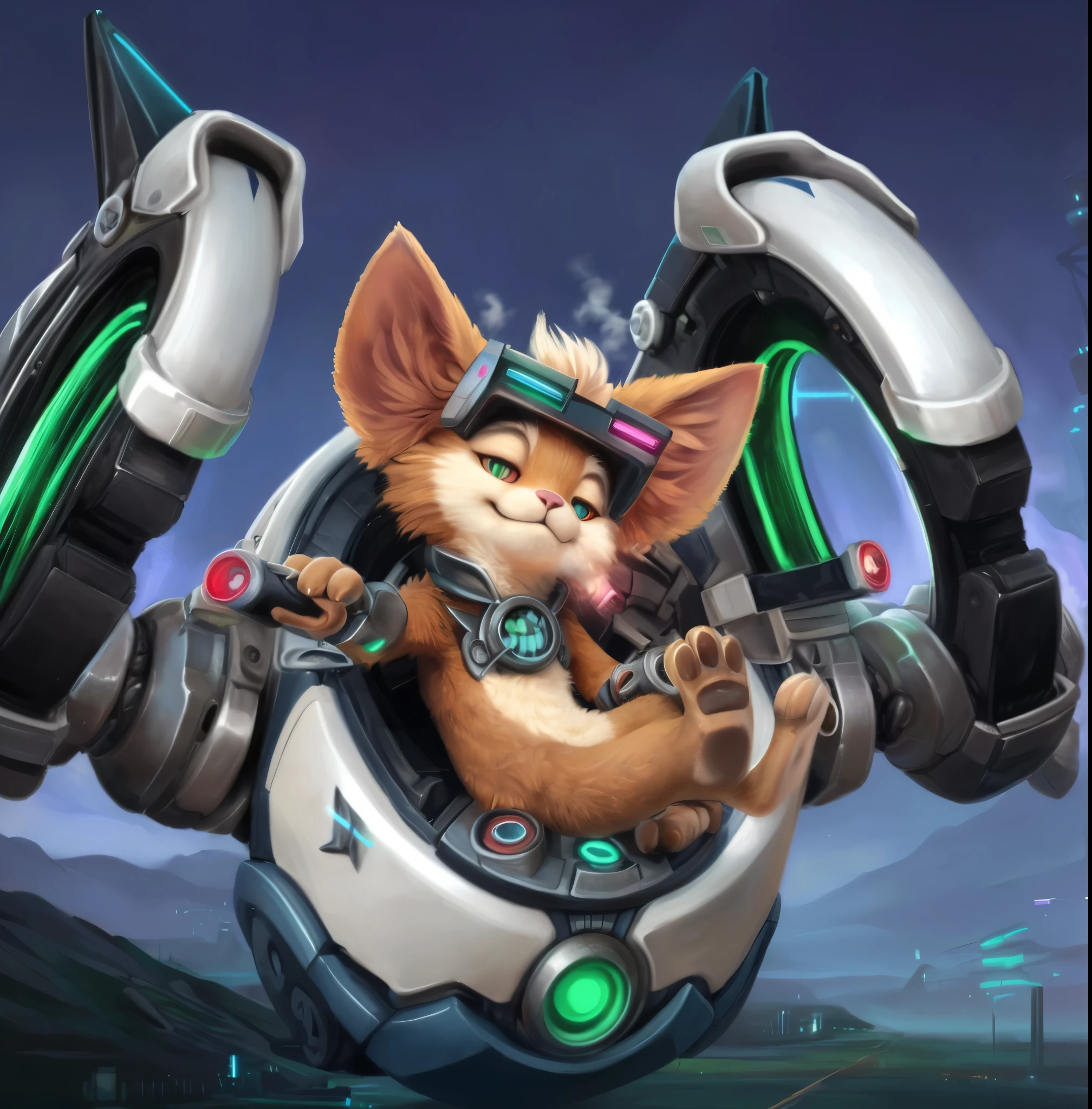 Realistic portrait of a weasel sitting in a motor with a retro glasses on the head, in the dessert background,gadget hackwrench, tanny skin, teemo, mecha hound, detailed mechanical gears, steam powered, intricate metal plating, glowing energy core, futuristic cyberpunk style, neon lights, cinematic lighting, highly detailed, 8k, photorealistic, award winning sci-fi concept art