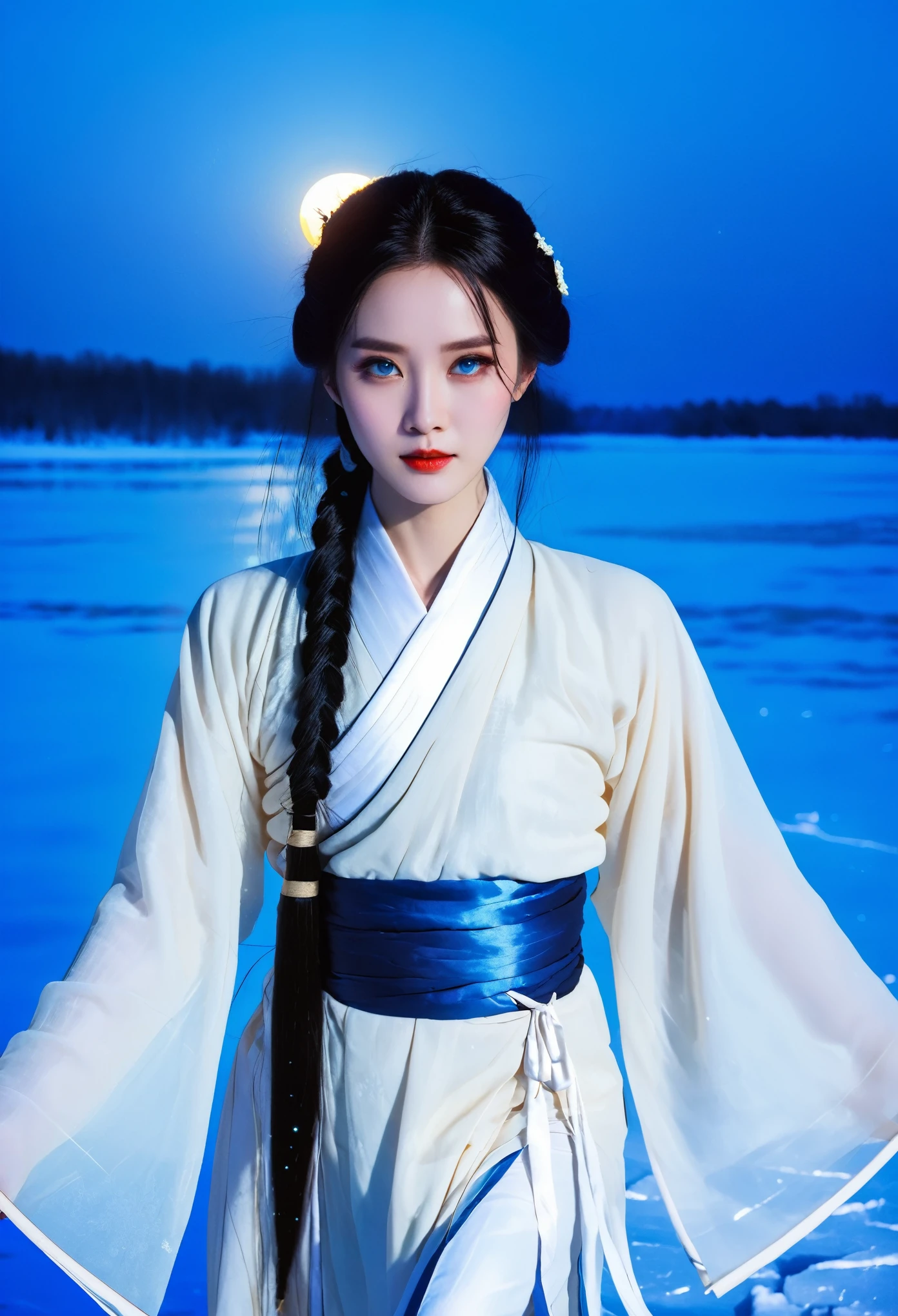 Chinese ancient style, The heroine with long black hair and blue eyes wearing white Hanfu, a beautiful face, In the moonlight on the frozen lake, Blue light shines through her . She has delicate facial features, An air of mystery, HD Photography, And the feeling.
