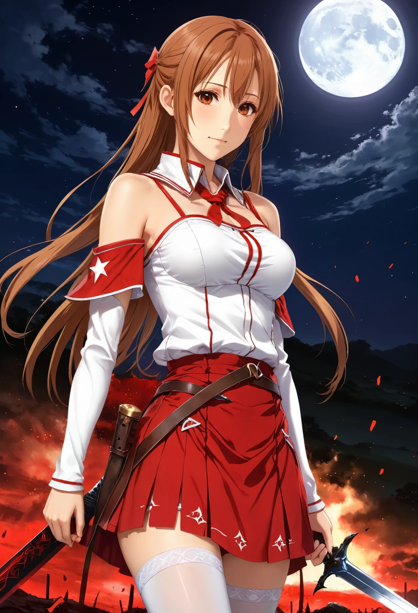 8K,(Asuna(Star): 1.6),A girl, Solitary,(Perfect anatomical structure:1.43), (Medium Length Hair:1.55) ,(half:1.45),Bangs, Brown eyes,beautiful eyes,(Sad smile:1.3),White stockings,(brown hair:1.6),Blood-soaked boots,(18 years old:1.5),whole body,(血白银whole body铠甲与染血长斗篷的融合:1.63),(Bare shoulders:1.5),(mini skirt:1.26),(Holding a bloody sword:1.43),(Standing on the bloody battlefield at moonlit night:1.52),fantasy,(Blood Effect:1.53),View,Eye level view,(shadow:1.21)