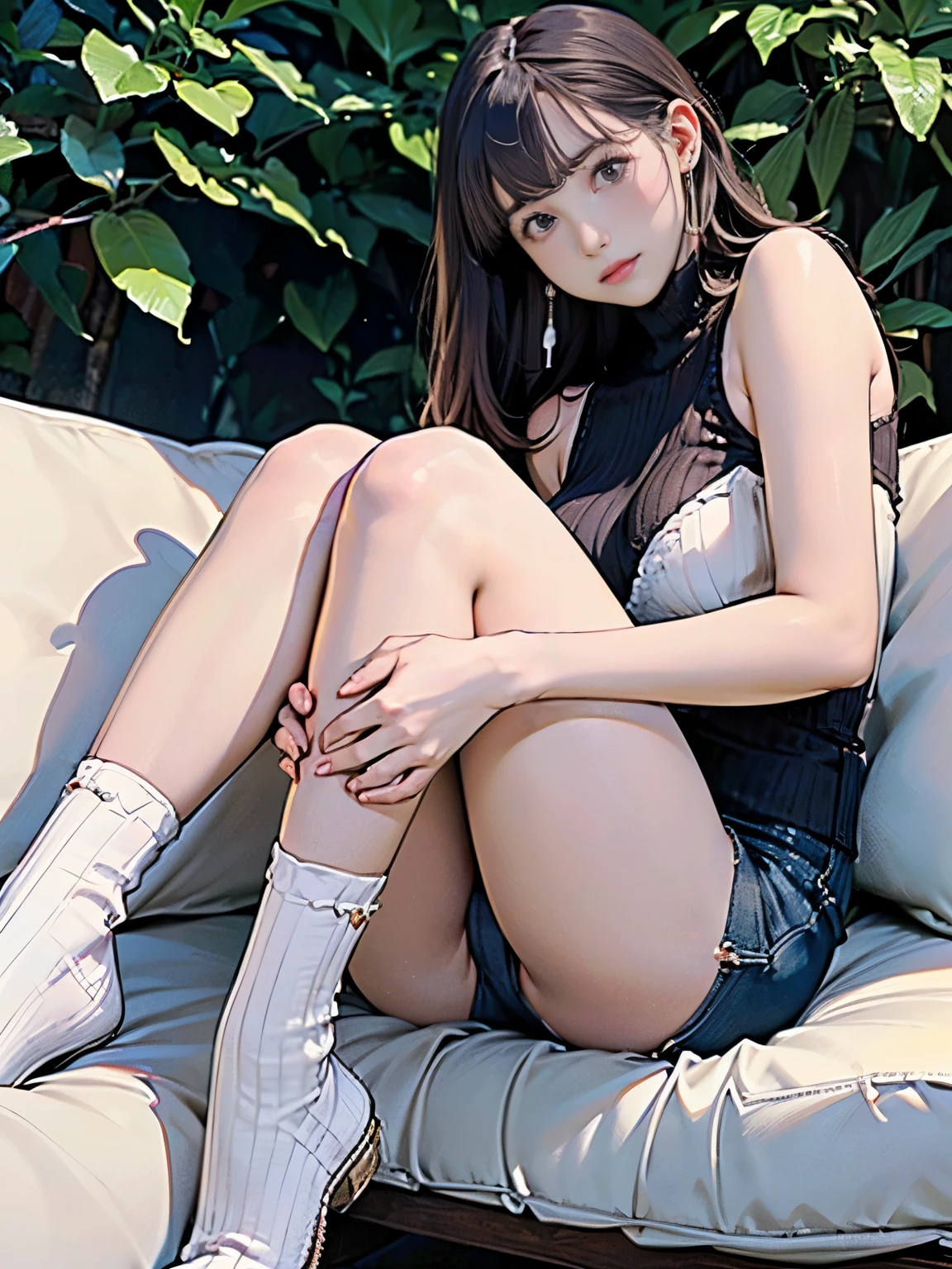 ((((highest quality))))、(((Ultra-precision CG16K wallpaper)))、(((masterpiece)))、(((Super detailed)))、(((Extreme detail)))、((1Mature 29 year old woman:1.6))、((Very beautiful Japanese faces))、((vegetable々Introduction:1.5))、((Straight semi-long hair、blunt bangs:1.5))、(Shiny brown hair)、Beautiful delicate eyes、Brown Eyes、eyeliner、Eyeshadow、High nose、Small nostrils、Small Mouth、Seductive lips、Beautiful breasts、((C cup size breasts))、Beautiful feet、eight-headed body、Perfect proportions、Perfect Anatomy、Perfect composition、Beautiful detailed shading、Beautiful, natural lighting、Beautiful detail glow、Depth of written boundary、(((High chroma)))、(((Real:1.9)))、((vivid:1.5))、((Beautiful Skin))、((Skin Texture))、((Realな皮膚感))、(((Cowboy Shot:1.6)))、((front view、shoot from front、Front low angle:1.6))、(((Surprised face with mouth open:1.5)))、((The woman is looking at this、looking at viewer、Facing forward:1.6))、Bright daylight、Natural light、(((living、Foliage plant:1.4)))、(Open-legged sitting pose:1.6)、(((Navy blue high neck sleeveless lace ribbed knit leotard:1.6)))、((Wearing earrings:1.3))、((Knee socks clothing:1.6))、(((A woman sits on a cushion with her knees bent and her legs spread apart:1.8)))、