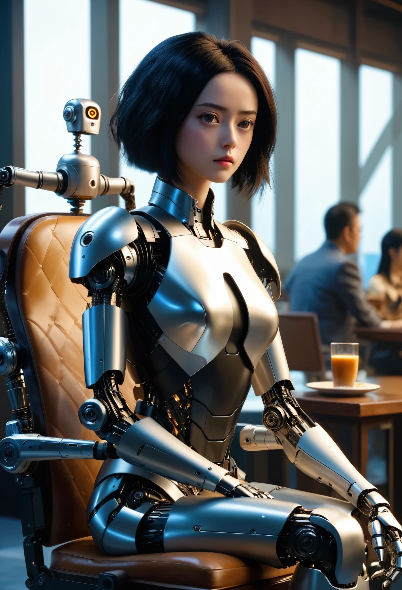 araffe one sitting on a chair,手拿一杯咖啡的robot, CG Society ), CG Society 9, Movie Stills:robot, 阿丽塔Photo, high definition CG Society, robot恶棍Movie Stills, CG Society uhd highly detailed 4k, Photo, A cool static, Cybernetics, Highly detailed