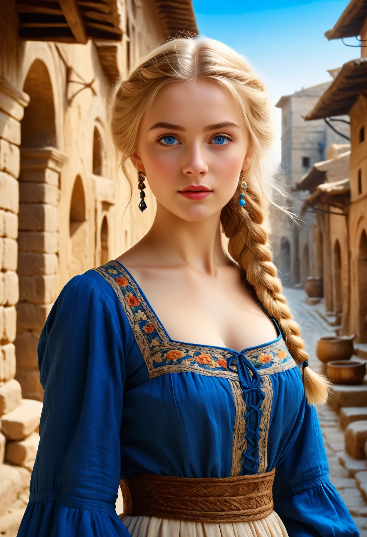 best quality, masterpiece, Realistic photos, Intricate details, RAW photos, Super detailed, old fashioned Young woman, Peasant-style clothing, No neckline, Blonde Hair, Perfect details and blue eyes, Walking in the ancient city, High-definition quality, 8K, Young woman, 20 years old