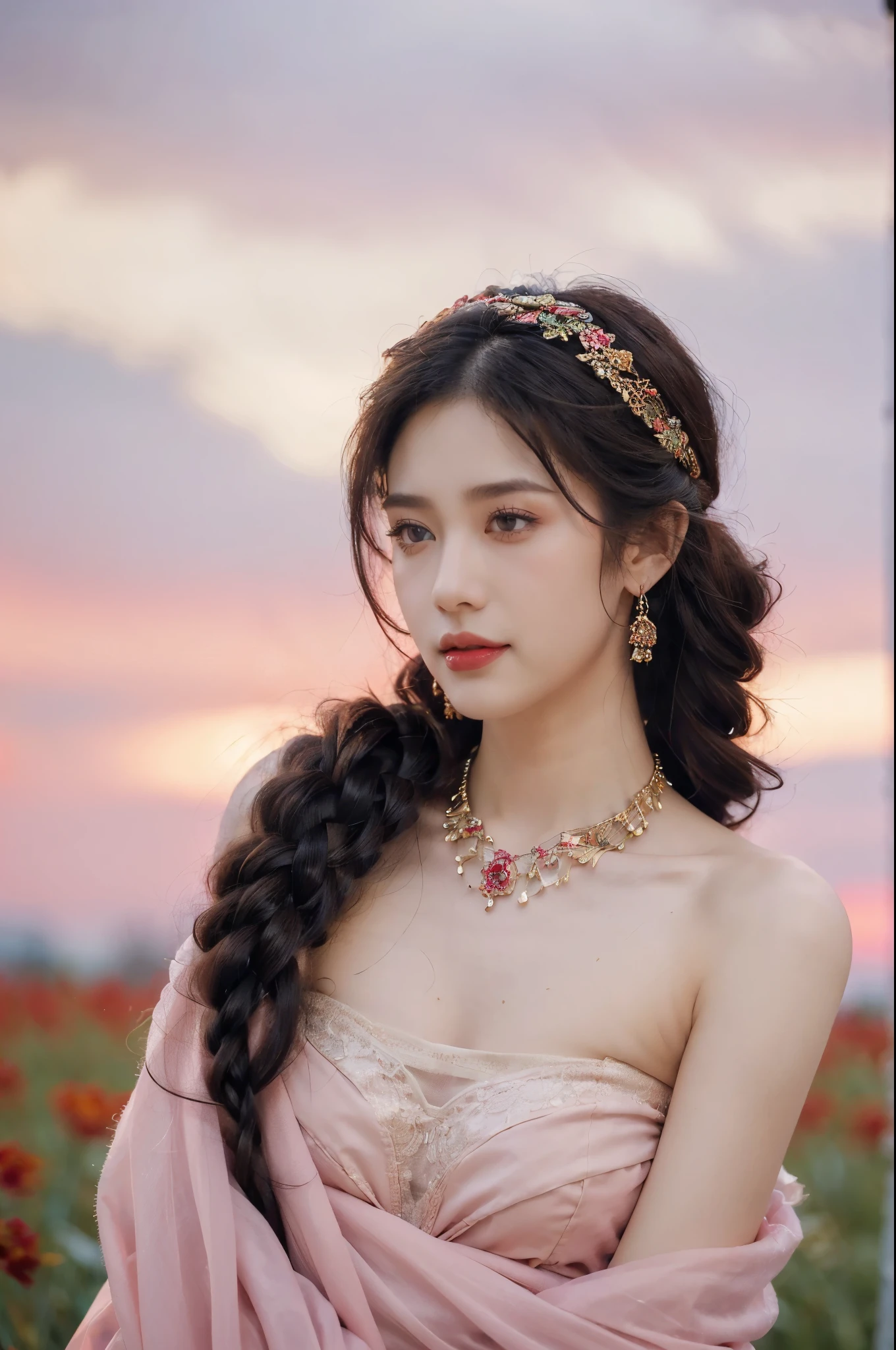 (Extremely meticulous CG),(((8k))),wallpaper,((Extremely refined and beautiful)),(((Masterpiece))),(((best qualtiy))),(((Ultra High Resolution))),beautiful light up,realistic shaded,(Smooth and flawless fair skin:1.5),(Extremely exquisite facial details:1.2),(ultra-detailed:1.5),((A beautiful Arabian girl,solo)),(pink headscarf:1.3),(short dreadlocks:1.2),(small head:1.2),(slender face:1.2),(Exquisite makeup:1.3),(happy:1.2),(laughing:1.2),(yashmak on face:1.3),(necklace:1.2),(perfect body:1.1),(strapless red bra:1.3),(small breasts:1.2),(flat chest:1.2),((slim,thin)),(from front:1.3),(standing:1.3),(On the verdant grassland full of colorful flowers:1.5),(many colors:1.5),(cattles and sheeps:1.2),(boreal forest:1.2),(distant snowy mountains:1.2),(pink sky:1.2),(detailed background:1.3),(outdoor:1.3),(early summer:1.3),(night scene:1.5),(red aurora:1.3),(close-up of face:1.3)