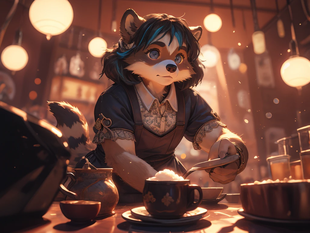 Hallucination , daydream , dynamic angle , rule of thirds Layout , Bokeh , dynamic action , There are lots of highlights of the movie , girly move , realistic hairy fur , round face , moist round eyes , Swollen cheeks , hair ties , Short stature , female racoon dog , can not stand it any longer , Cafe staff