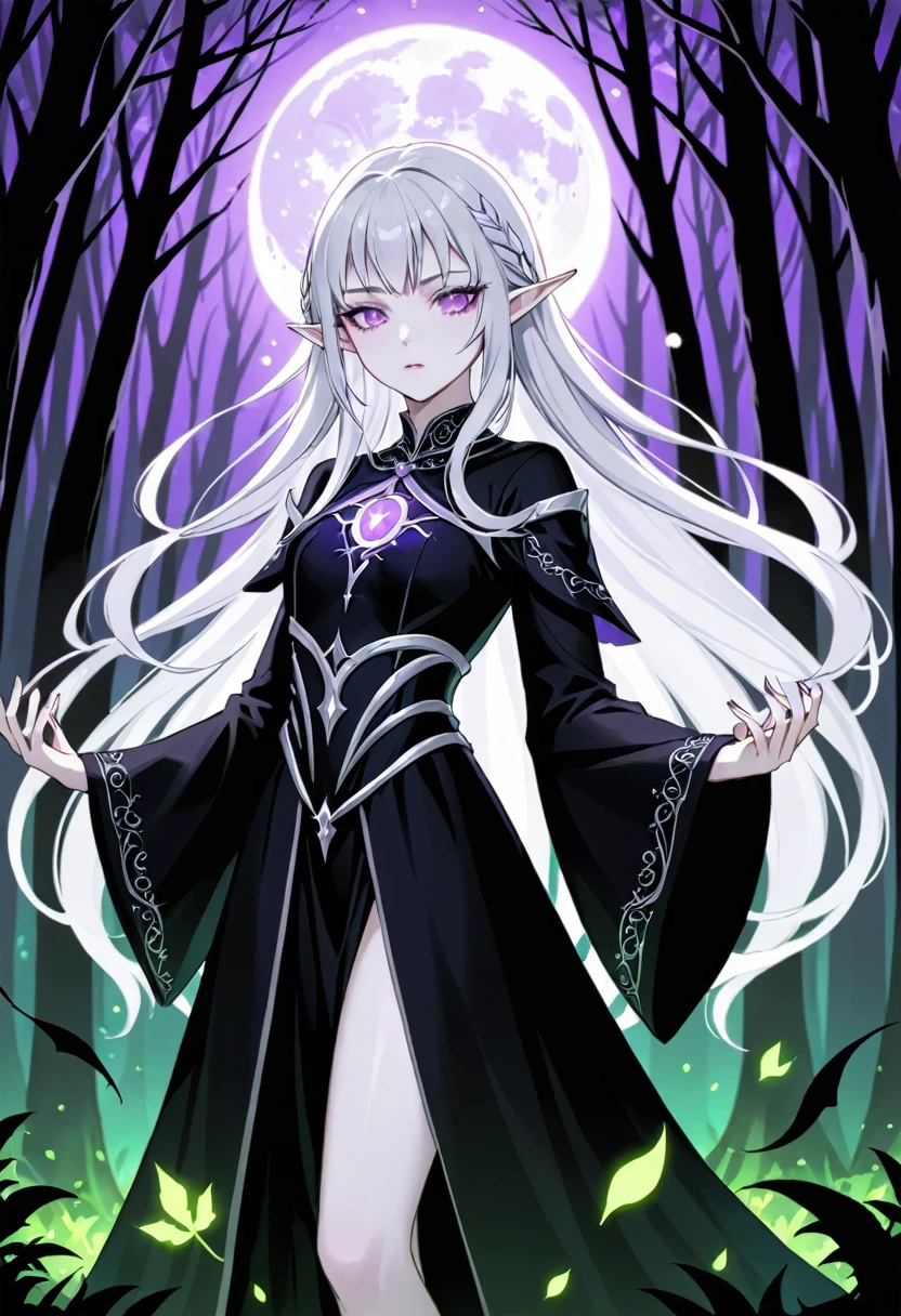 "A young moon elf, with pale skin, silver hair and purple eyes, is portrayed in the moonlight in a magical forest, wearing black magic. Her supernatural beauty and mysterious aura mix with the dark energy of the magic she conjures up. Her silver hair shines in the moonlight, while her purple eyes radiate power. Wearing black robes and sinister adornments, she channels black magic with a concentrated and determined expression. The surrounding forest seems to react to its magic, with dancing shadows and leaves flickering. The scene is full of tension and mystery, capturing the duality of the young elf of the moon."