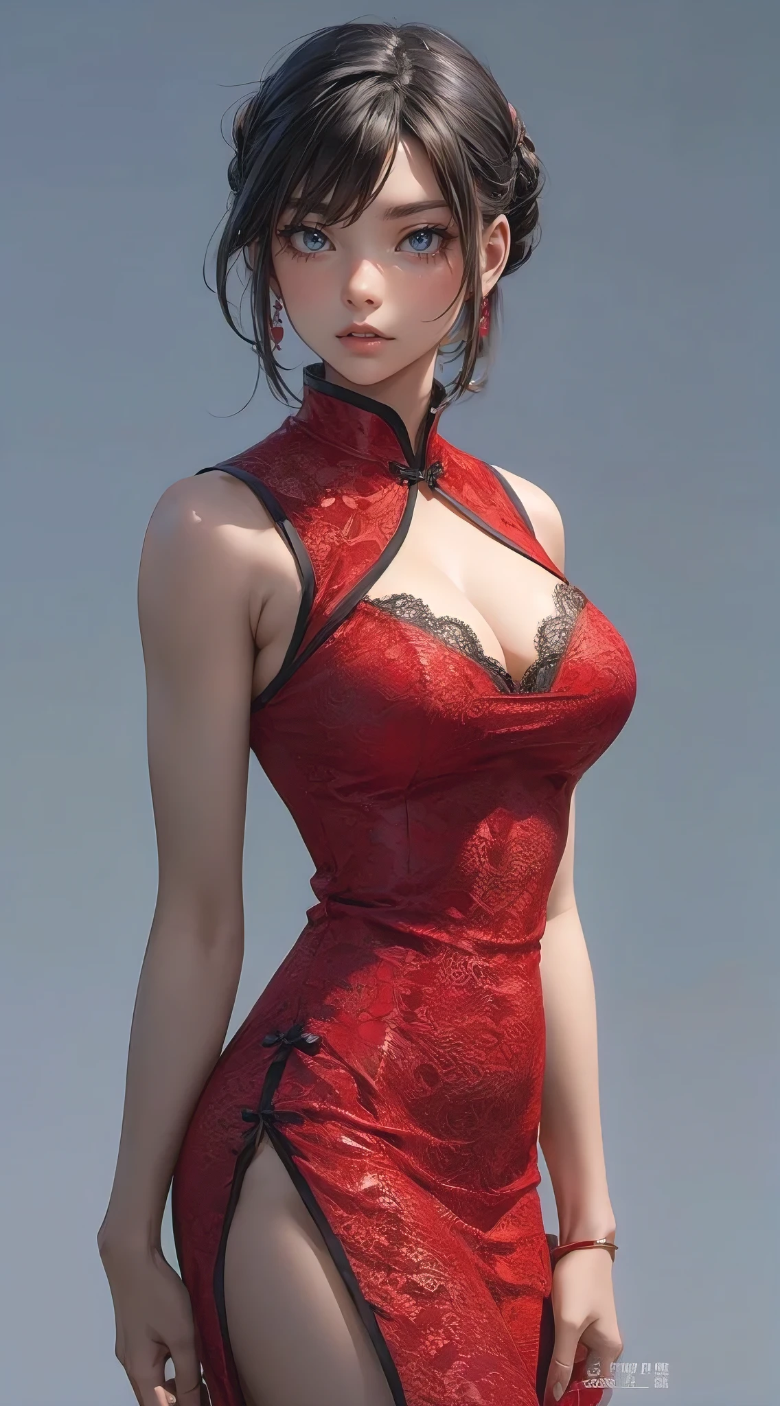 beautiful, perfect body proportions, curvaceous, slim, red lace cheongsam with black linings, spacebuns, photorealistic