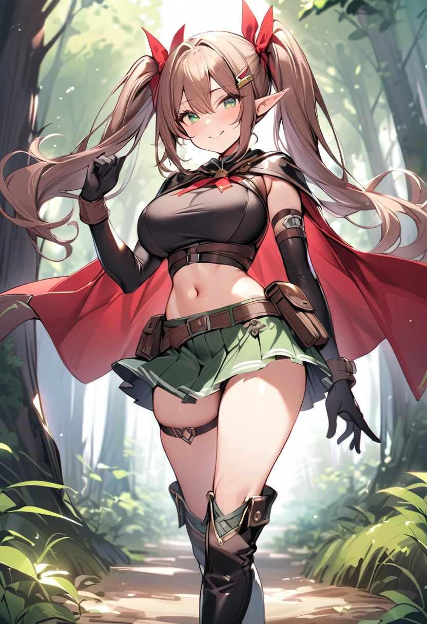 masterpiece,best quality,1girl, solo, pointy-ears, ((brown-hair)), green-eyes, gloves, boots, twintails, skirt, elbow-gloves, hair-ornament, navel, looking-at-viewer, cape, smile, elf, ribbon, hair-ribbon, knee-boots, belt, hairclip, ((green-skirt)), black-gloves, forest, midriff, thigh-strap, hair-between-eyes, standing, black-footwear, pouch, long-hair, nature, red-ribbon, ((big boobs) 1:1)