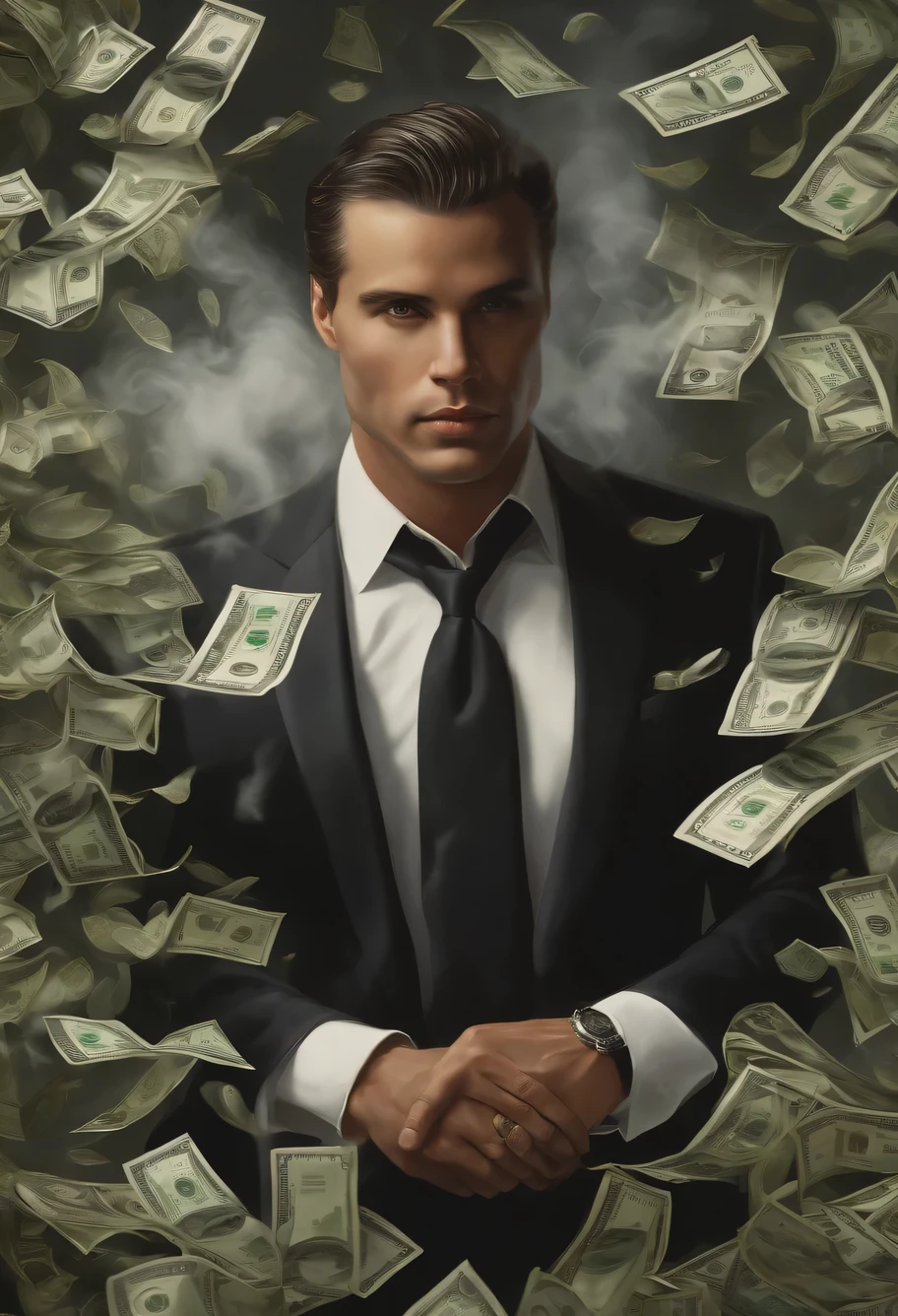 Uma pintura detalhada de um homem confiante de terno, surrounded by a flood of dollar bills, white smoke flying in front (((muito fumo))) e fundo escuro