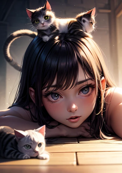 masterpiece, 最high quality, ,((((A cat is sitting on the head of a girl lying face down)))),(((Girl looking up at cat))),((Close-up)), Beautiful detailed cat、 Beautifully detailed cat nose, A cat with a beautiful and elaborate mouth, A cat with very fine fur, Soft and fluffy, Adorable, Playful, A cat with a curious expression, Long Hair Girl, Rough details, high quality, 8k, Realistic, masterpiece, Natural light, Warm tones