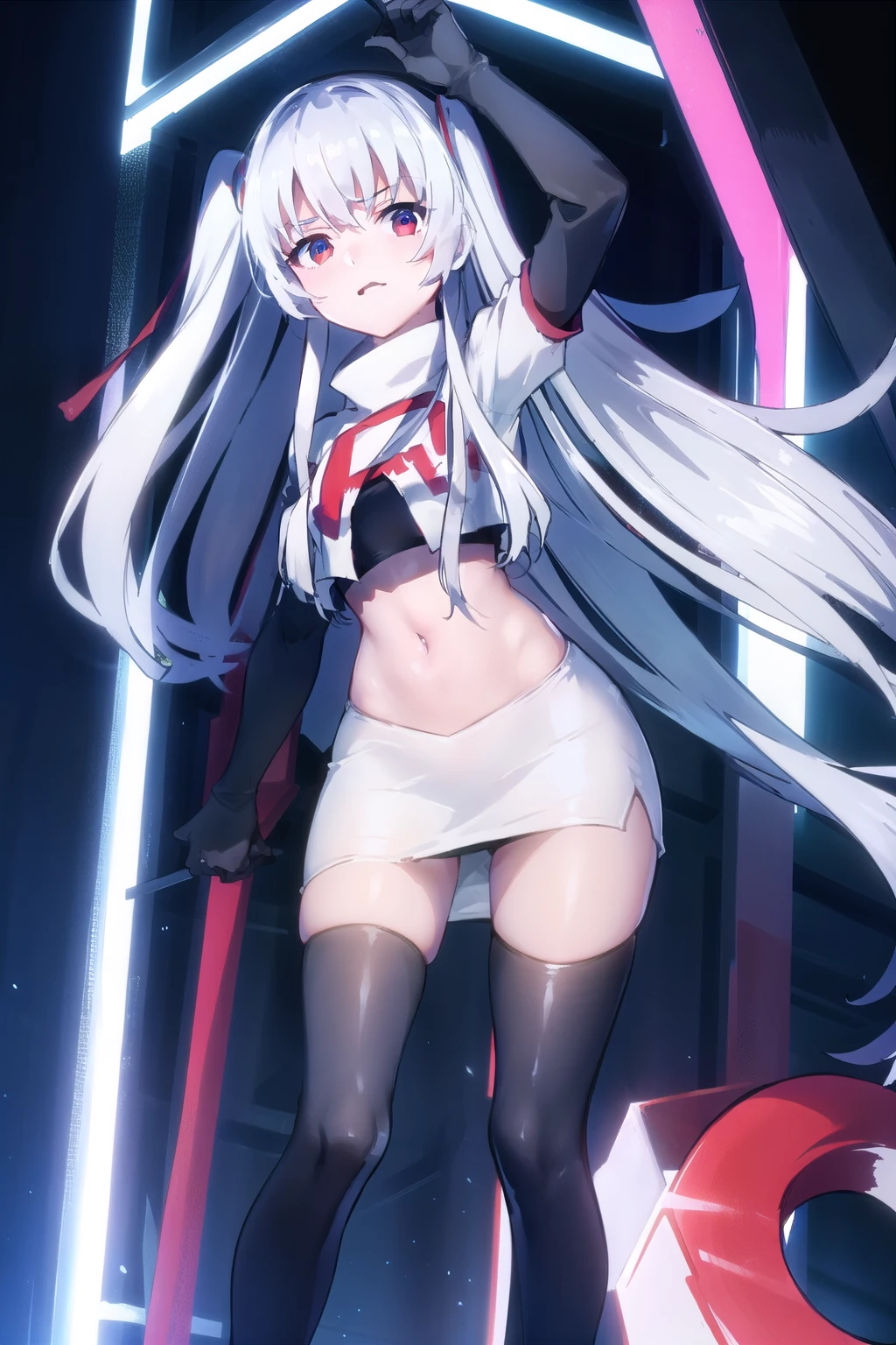 1girl, solo, altair, team rocket,team rocket uniform,white skirt,red letter R,crop top,black thigh-highs,black elbow gloves,