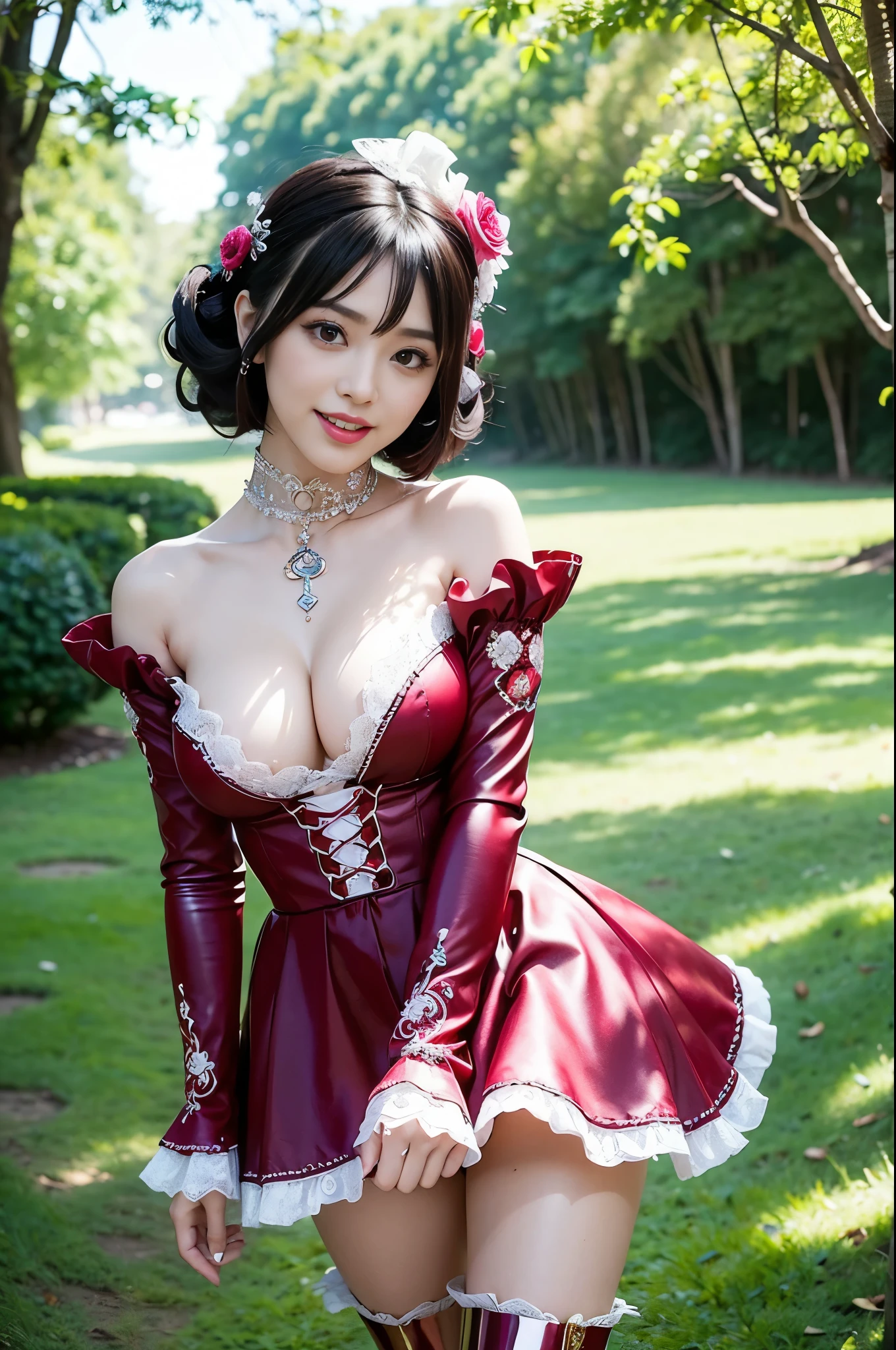 (nsfw), sexy stylish Thai model, only 1 female, ((doll-like appearance)), short bright red stylish hair, ((shiny Victorian-Style boots)), (big smile), ultra detailed eyes, vivid eye makeup, lipgloss, long lashes, defined eyebrows, ((sexy Paradise Kiss cosplay)), bell-shaped skirt, petticoats, high neckline, puffed sleeves, ((ultra detailed lace)), ((ultra detailed embroidery)), intricate details, Paradise Kiss accessoires and matching headpiece, choker, ((large sparkling Paradise Kiss jewelry)), cinematic light, detailed large park background with trees 