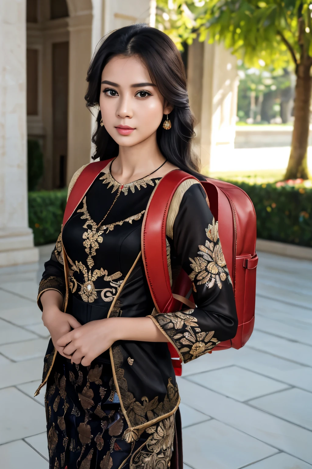 Masterpiece, hd, 1girl, 175cm, realistic, kebaya , very wet skin, facial expression, 23 years old, soft body, black hair, wavy hair,whole body, hair reaches waist, whole body,((head to leg)), black bracelets, black chain,((wearing brown Kebaya)), floral pattern long skirt, large earrings,close-up, 8k, RAW photo, best quality, masterpiece,realistic, elegant standing pose, photo-realistic,seductive,cute,royal palace background, rchelcia, looking into viewer, wearing red backpack, (backpack:1.1)