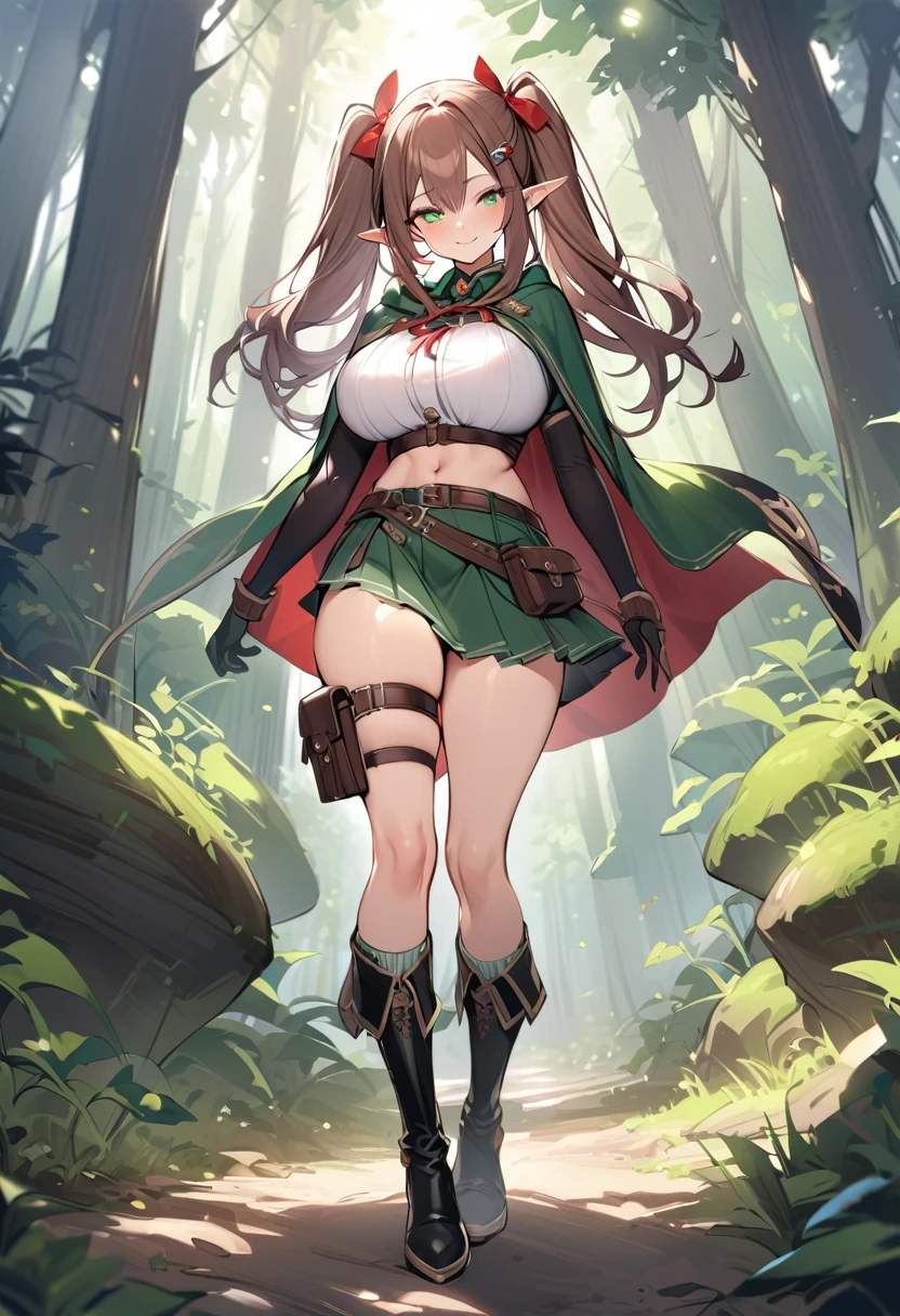 masterpiece,best quality,1girl, solo, pointy-ears, ((brown-hair)), green-eyes, gloves, boots, twintails, skirt, elbow-gloves, hair-ornament, navel, looking-at-viewer, cape, smile, elf, ribbon, hair-ribbon, knee-boots, belt, hairclip, ((green-skirt)), black-gloves, forest, midriff, thigh-strap, hair-between-eyes, standing, black-footwear, pouch, long-hair, nature, red-ribbon, ((big boobs) 1:1)