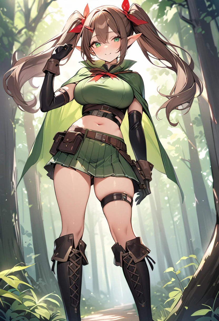 masterpiece,best quality,1girl, solo, pointy-ears, ((brown-hair)), green-eyes, gloves, boots, twintails, skirt, elbow-gloves, hair-ornament, navel, looking-at-viewer, cape, smile, elf, ribbon, hair-ribbon, knee-boots, belt, hairclip, ((green-skirt)), black-gloves, forest, midriff, thigh-strap, hair-between-eyes, standing, black-footwear, pouch, long-hair, nature, red-ribbon, ((big boobs) 1:1)
