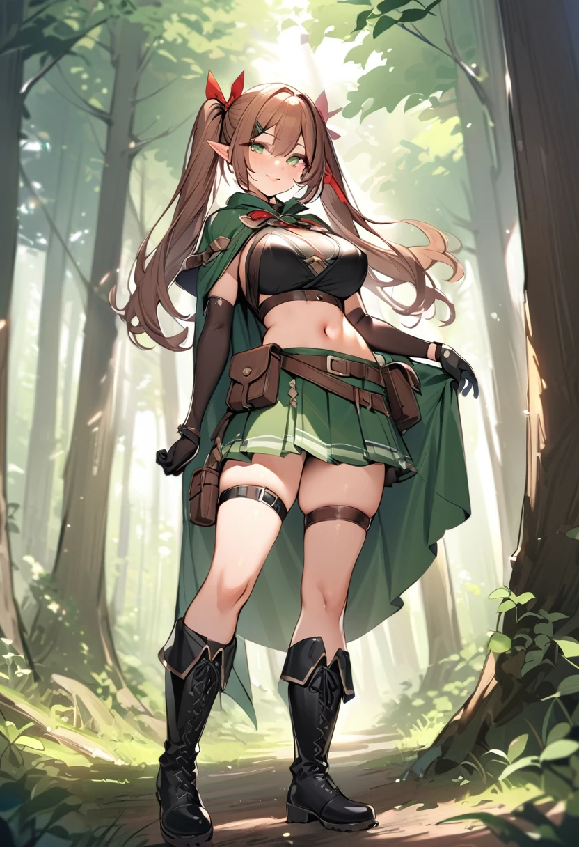 masterpiece,best quality,1girl, solo, pointy-ears, ((brown-hair)), green-eyes, gloves, boots, twintails, skirt, elbow-gloves, hair-ornament, navel, looking-at-viewer, cape, smile, elf, ribbon, hair-ribbon, knee-boots, belt, hairclip, ((green-skirt)), black-gloves, forest, midriff, thigh-strap, hair-between-eyes, standing, black-footwear, pouch, long-hair, nature, red-ribbon, ((big boobs) 1:1)