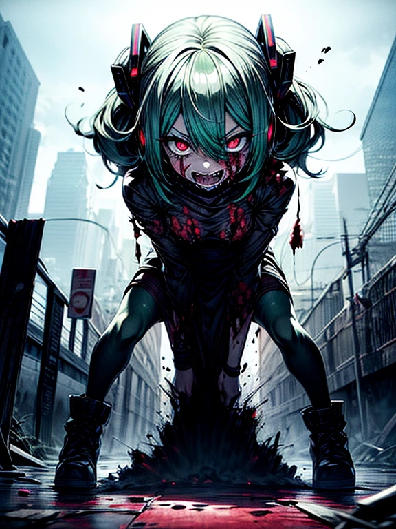 Ahegao、miku hatsune、Green hair、Black Dress、Very fellow humanoid characters, red eyes, She's crazy, nutty, horor, is scared, is scared, Shock value, Very diabolical, evocation, terrorism, terrorism, terrorism, rot, feeling of disgust, She is a psychopath, murky, extremely pale, paler, matted,, seem, terrifying, disease, Background ruins, gore, Bloody_mano, Yui, full body Esbian, (Messy_long_murky_Haar), Bosseler, evil eyes, Bright eye, psychopath,