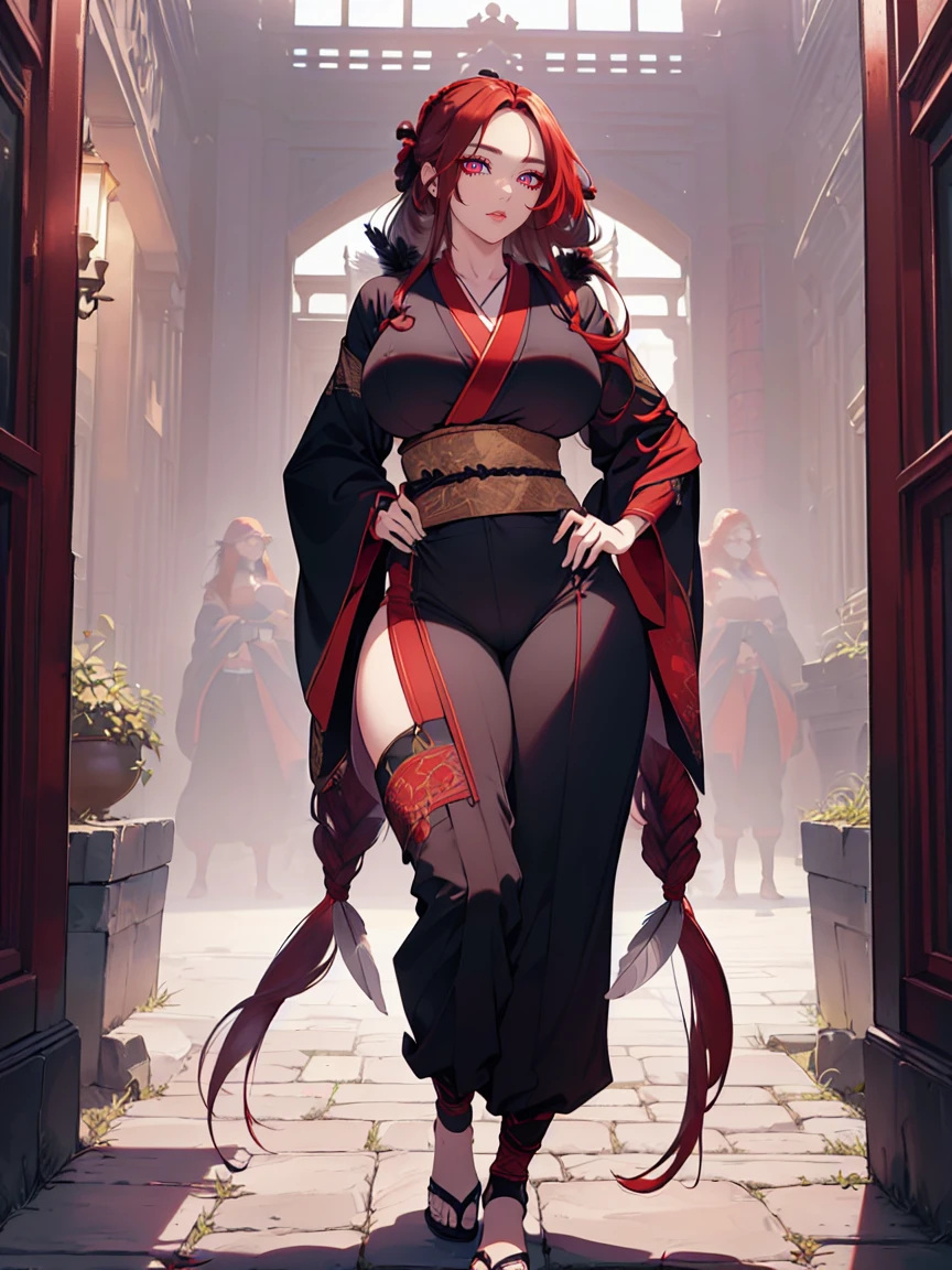 (Uhd, Masterpiece, Textured Skin, Super Detail, High Details, High Quality, Best Quality), Detailed Face, 1woman, mature pretty woman, ((wide hips, thick thighs, huge breasts)), ((Long Red hair tied:1.5)), ((Black kimono with feathers), (Pants), (Huge body), hands on hips, (Cultivator), Courtyard with a stone floor