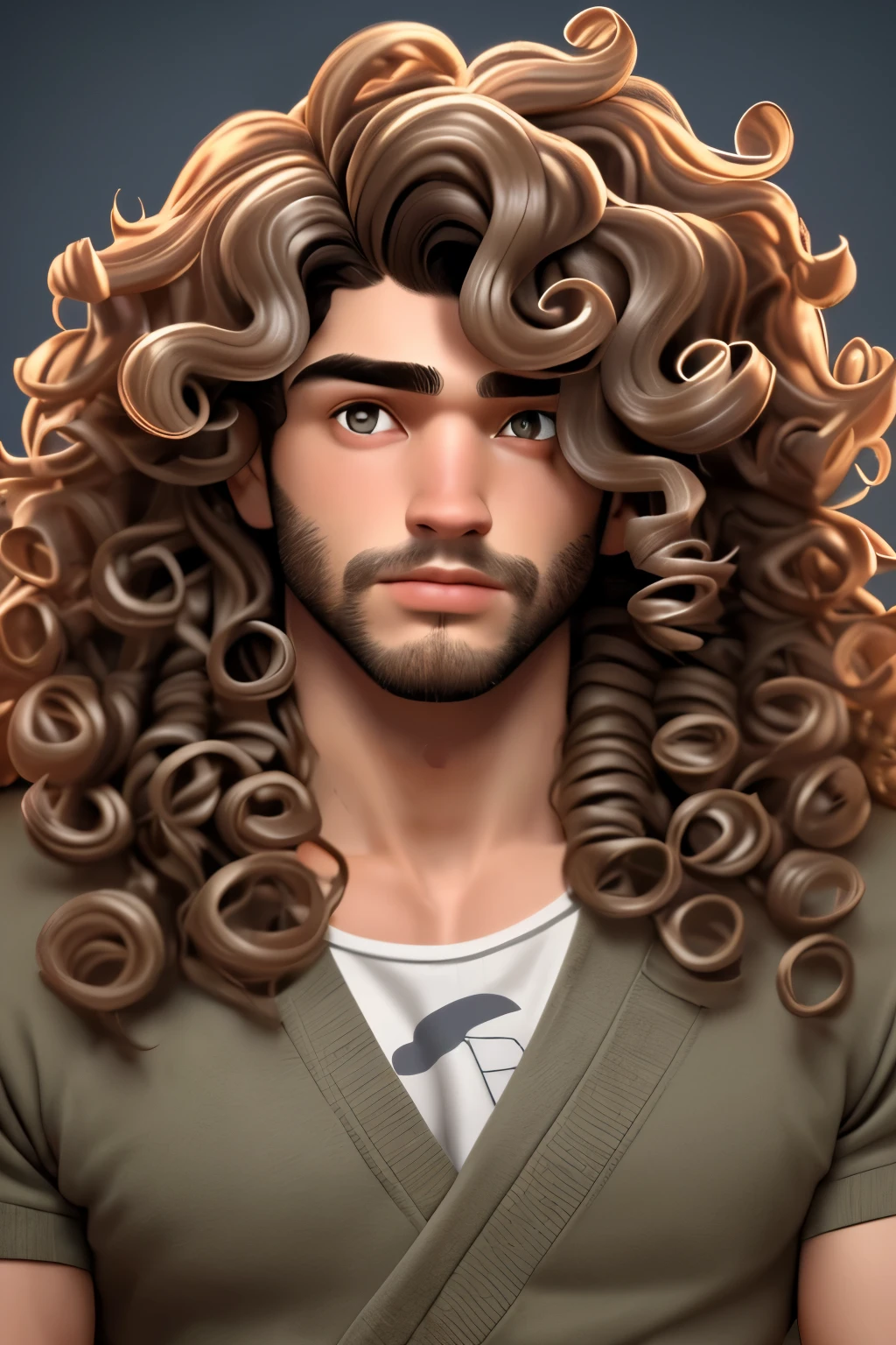 Um homem grande e corpulento,with medium length and curly hair.cabelo e olhos pretos.bravo.