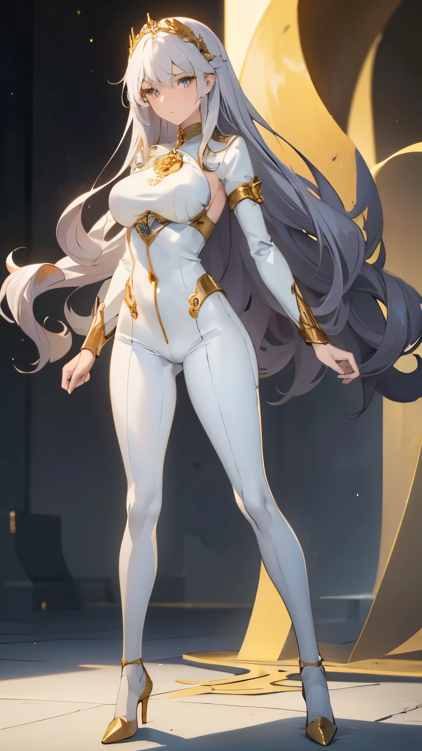 ((masterpiece, best quality)), Detailed face，Perfect body proportions，Long legs，((Long wavy hair)), ((Half of her hair is white，The other half is golden，Divided into two colors))，beautiful eyes，Fantasy style，White background，extremely beautiful，rose，transparent，bodysuit，exposed, full body, full body shot,(((tight outfit))), legs sraight, standing straight,large breasts, wide hips, slim waist, heels
