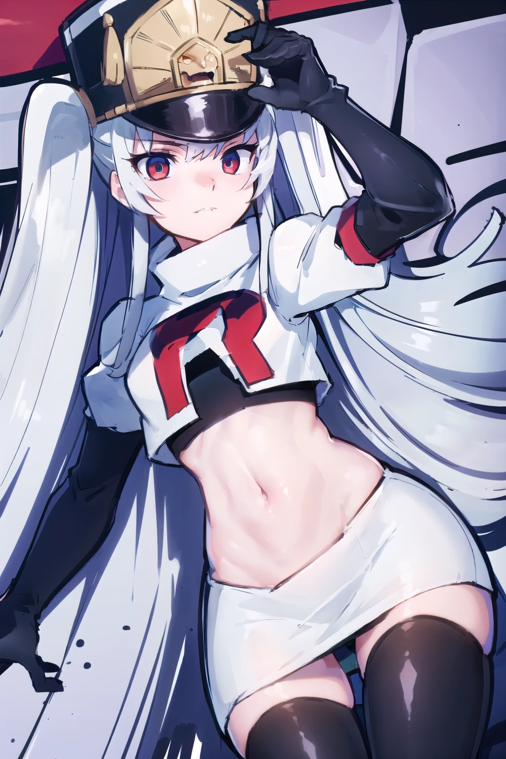 1girl, solo, altair, team rocket,team rocket uniform,white skirt,red letter R,crop top,black thigh-highs,black elbow gloves,