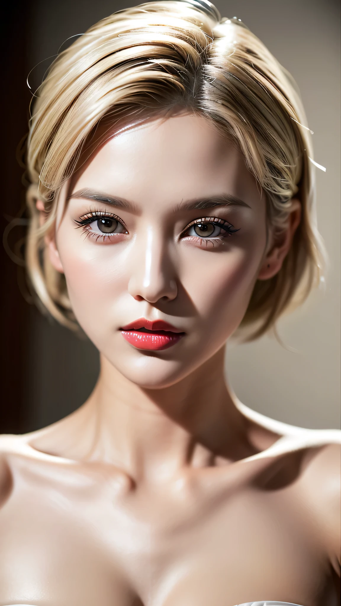 Realism, Realistic, ((ultra Intricat detailed: velvety skin, blonde short (hair slicked to the side) symmetrical lips light glossy red_lipstick round pupils, (brown_eyes:1.25, extrem Realistic, clear sharp eyes, in absurd quality, not blurry)), ((anatomically correct)), ((perfect proportions)), Photorealistic ((portrait)) a cute 1model:1.4 24yo, dslr, best high quality soft lighting, sharp focus captured by Fujifilm XT3, f 5.6, in a dramatic lighting, l (perfect composition), ((pale skin)), ((dry skin)),
