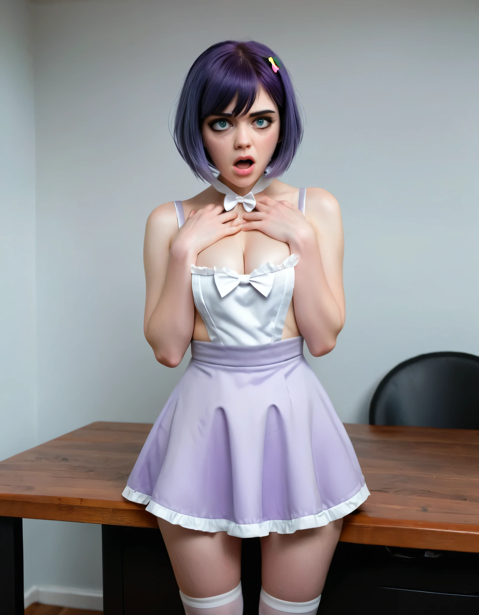 two characters. The first character, positioned at the front and lower part of the image, is a girl with short green hair and a orgasmic expression, wearing a maid outfit with blue and white accents. She is leaning over a wooden table with her hands and knees on the surface and her dress pulled up and panties pulled down. The second character, a male, standing behind her, has short black hair with a slight purple hue, an orgasmic expression, and wears a casual beige outfit that reveals her midriff and is nude from the waist down. The second character has put both his hands on the first characters waist, The background should be a gradient of pink and purple, giving the scene a vivid and dynamic feel. The lighting should be soft, emphasizing the characters' expressions and details of their outfits. Hyper realistic, vibrant colors, 8k