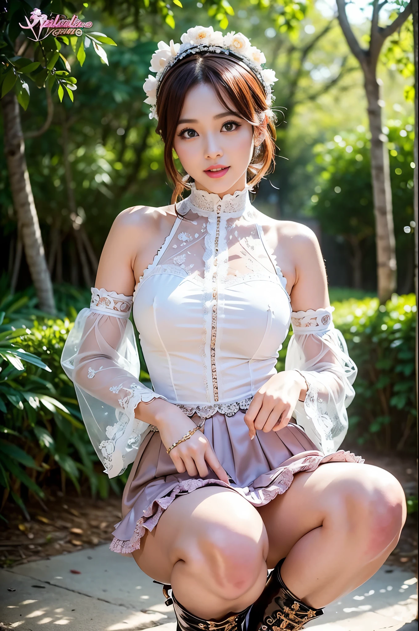 (nsfw), sexy stylish Thai model, only 1 female, ((doll-like appearance)), short Auburn stylish hair, ((shiny Victorian-Style boots)), (big smile), ultra detailed eyes, vivid eye makeup, lipgloss, long lashes, defined eyebrows, ((sexy Paradise Kiss cosplay)), bell-shaped skirt, petticoats, high neckline, puffed sleeves, ((ultra detailed lace)), ((ultra detailed embroidery)), intricate details, Paradise Kiss accessoires and matching headpiece, choker, ((large sparkling Paradise Kiss jewelry)), cinematic light, detailed large park background with trees
