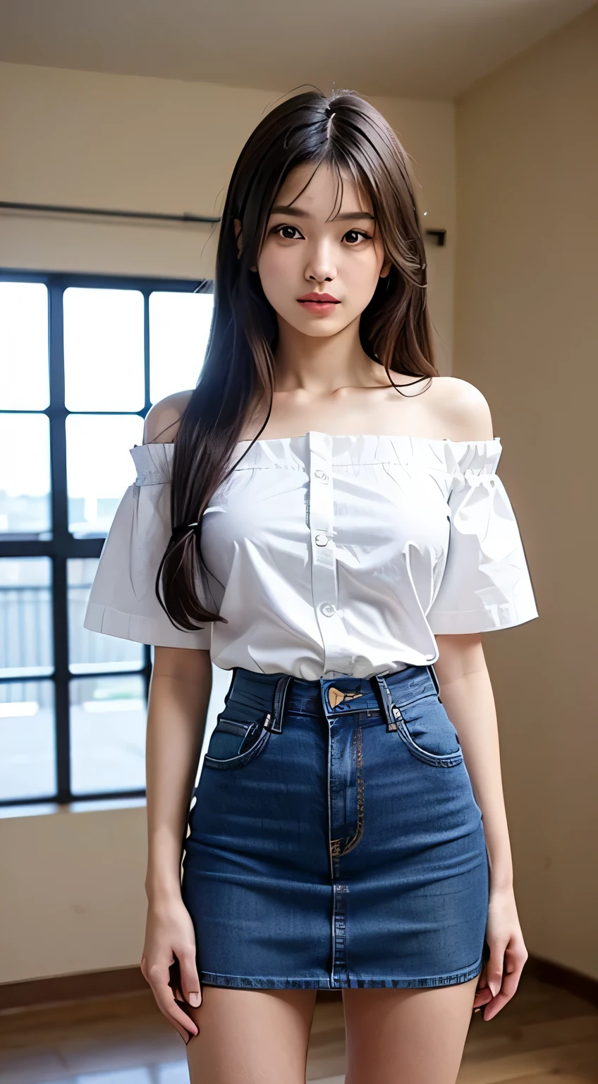 Very detailed CG Unity 8k wallpaper、highest quality、Very detailed、masterpiece、reality、reality、Very detailedなかわいい***、18-year-old、(Japanese  in uniform)、((White short sleeve buttoned cotton shirt:1.5))、((A woman wearing a white short-sleeved off-the-shoulder shirt:1.4))、((Shooting from the front:1.4))、((Standing in an empty room:1.4))、((Standing confused:1.4))、blush、Cleft lip、Looking at the audience、((Cowboy Shot:1.4))、((Navy Blue Denim Mini Skirt:1.5))、((straight medium long hair:1.7))、(Beautiful Face:1.3)、(Perfect balance:1.2)、(Long legs:1.2)、(Small breasts:1.3)、((Upper Body))、((Model pose:1.4))、Angle from below、reality、