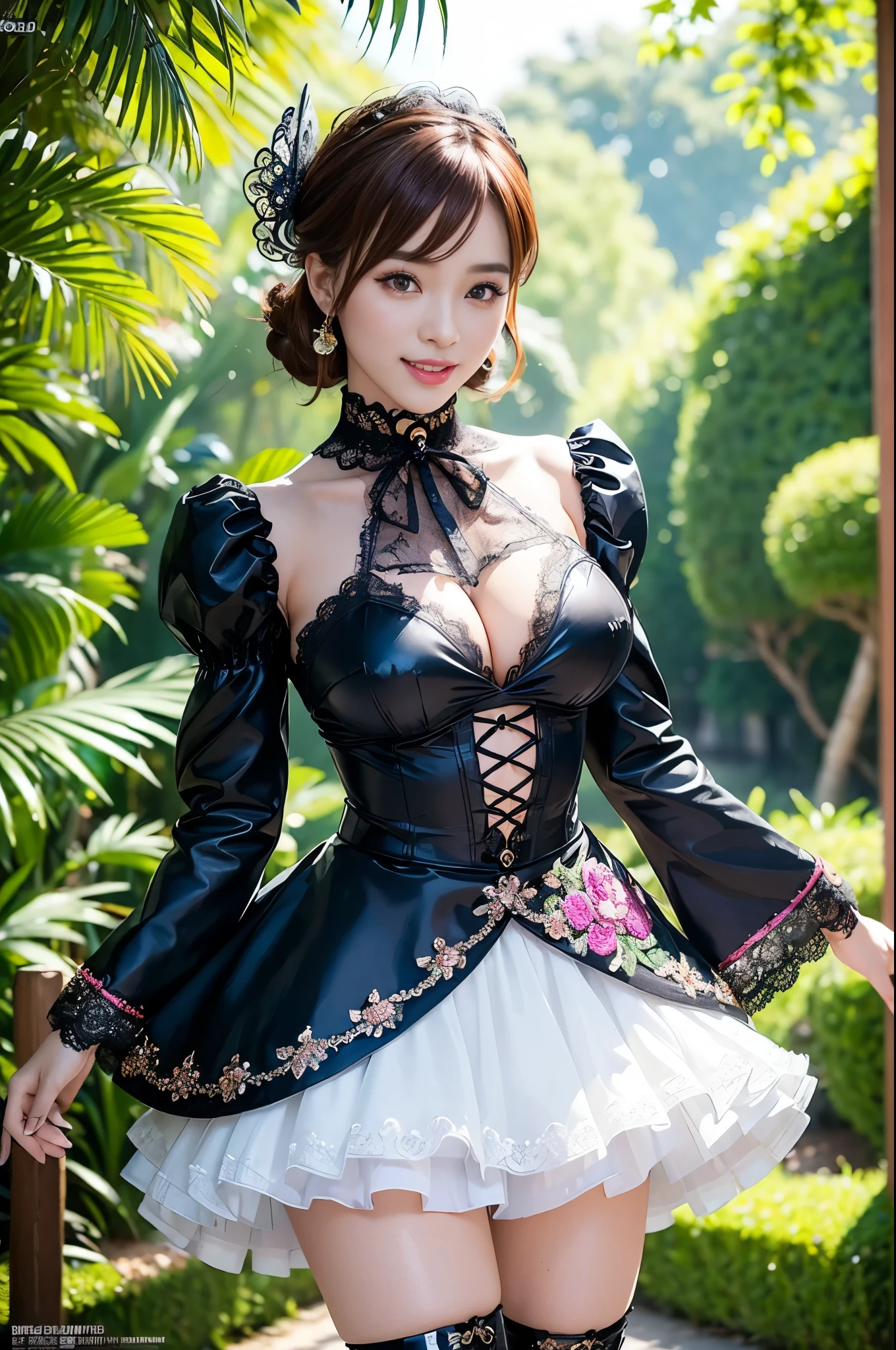 (nsfw), sexy stylish Thai model, only 1 female, ((doll-like appearance)), short Auburn stylish hair, ((shiny Victorian-Style boots)), (big smile), ultra detailed eyes, vivid eye makeup, lipgloss, long lashes, defined eyebrows, ((sexy Paradise Kiss cosplay)), bell-shaped skirt, petticoats, high neckline, puffed sleeves, ((ultra detailed lace)), ((ultra detailed embroidery)), intricate details, Paradise Kiss accessoires and matching headpiece, choker, ((large sparkling Paradise Kiss jewelry)), cinematic light, detailed large park background with trees