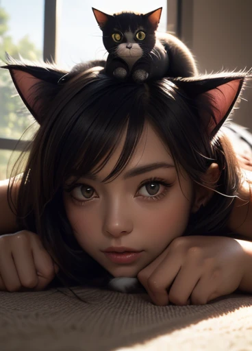 masterpiece, 最high quality, ,((((A cat is sitting on the head of a girl lying face down)))),(((Girl looking up at cat))),((Close-up)), Beautiful detailed cat、 Beautifully detailed cat nose, A cat with a beautiful and elaborate mouth, A cat with very fine fur, Soft and fluffy, Adorable, Playful, A cat with a curious expression, Long Hair Girl, Rough details, high quality, 8k, Realistic, masterpiece, Natural light, Warm tones