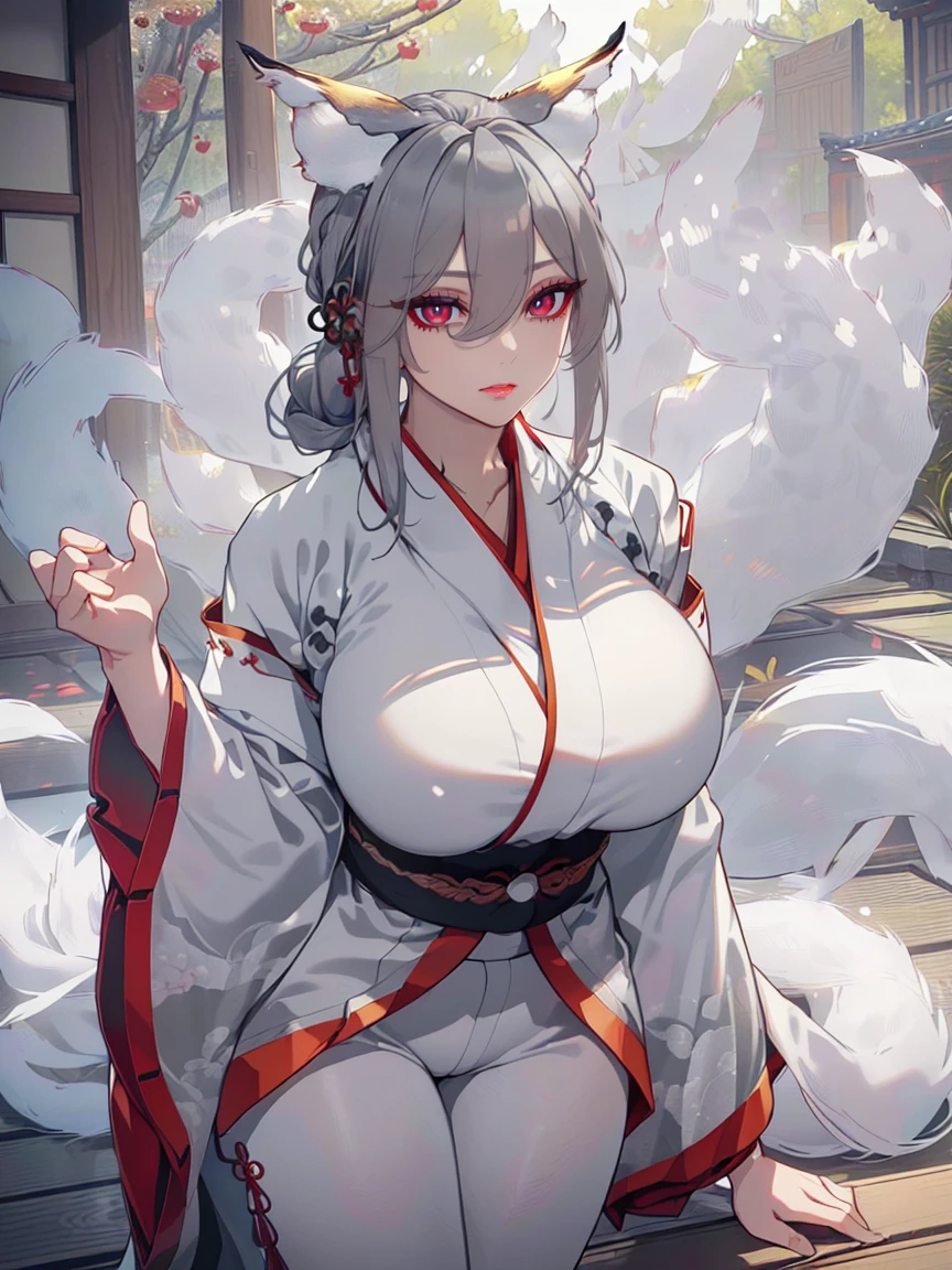 (Uhd, Masterpiece, Textured Skin, Super Detail, High Details, High Quality, Best Quality), Detailed Face, 1woman, mature pretty woman, ((wide hips, thick thighs, huge breasts)), ((Long gray hair tied:1.5)), ((White kimono), (Pants), (Huge body), (Cultivator), Courtyard with a stone floor, (Kitsune:1.5)